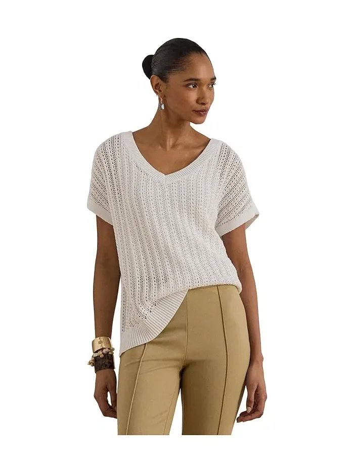 Свитер с воротником V из сетки Petite Cotton-Blend Mesh Short Sleeve Lauren Ralph Lauren — изображение 4 из 5