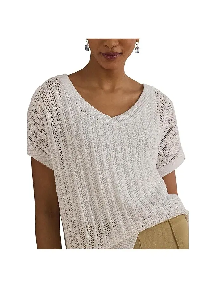 Свитер с воротником V из сетки Petite Cotton-Blend Mesh Short Sleeve Lauren Ralph Lauren — изображение 5 из 5