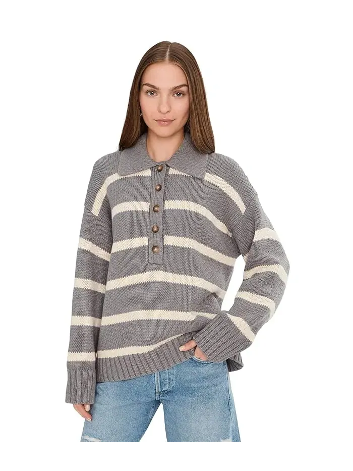 Свитер с поло полосатый Sunwashed Cotton Polo Sweater Faherty — изображение 1 из 5, какао