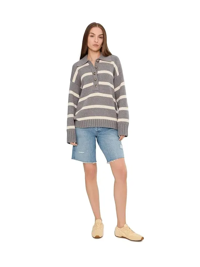 Свитер с поло полосатый Sunwashed Cotton Polo Sweater Faherty — изображение 2 из 5, какао
