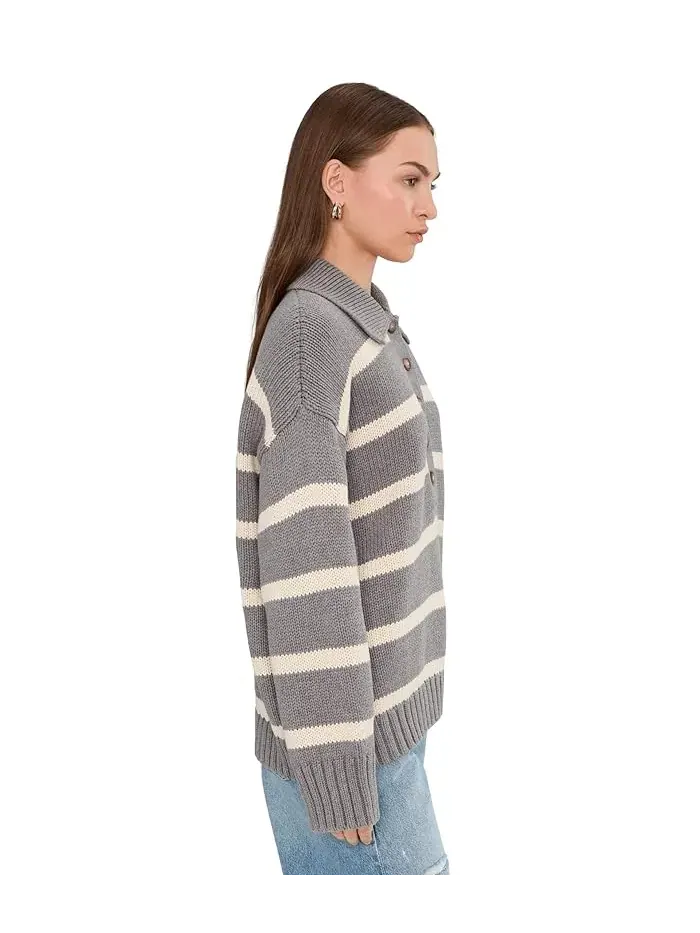 Свитер с поло полосатый Sunwashed Cotton Polo Sweater Faherty — изображение 3 из 5, какао