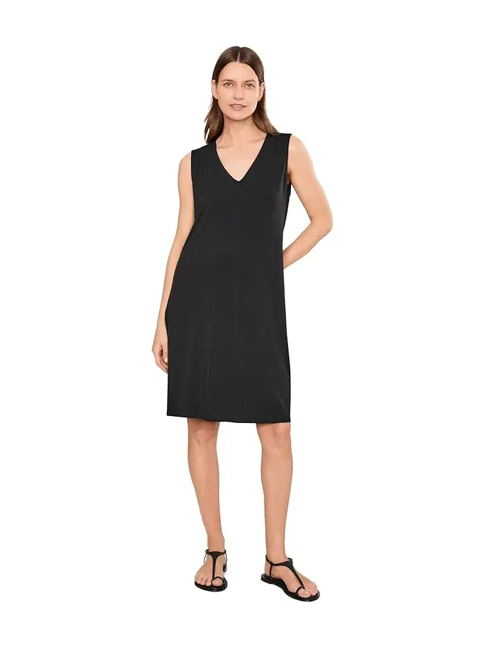 Платье с V-образным вырезом Fine Stretch Jersey Knit Eileen Fisher — изображение 1 из 5, черный