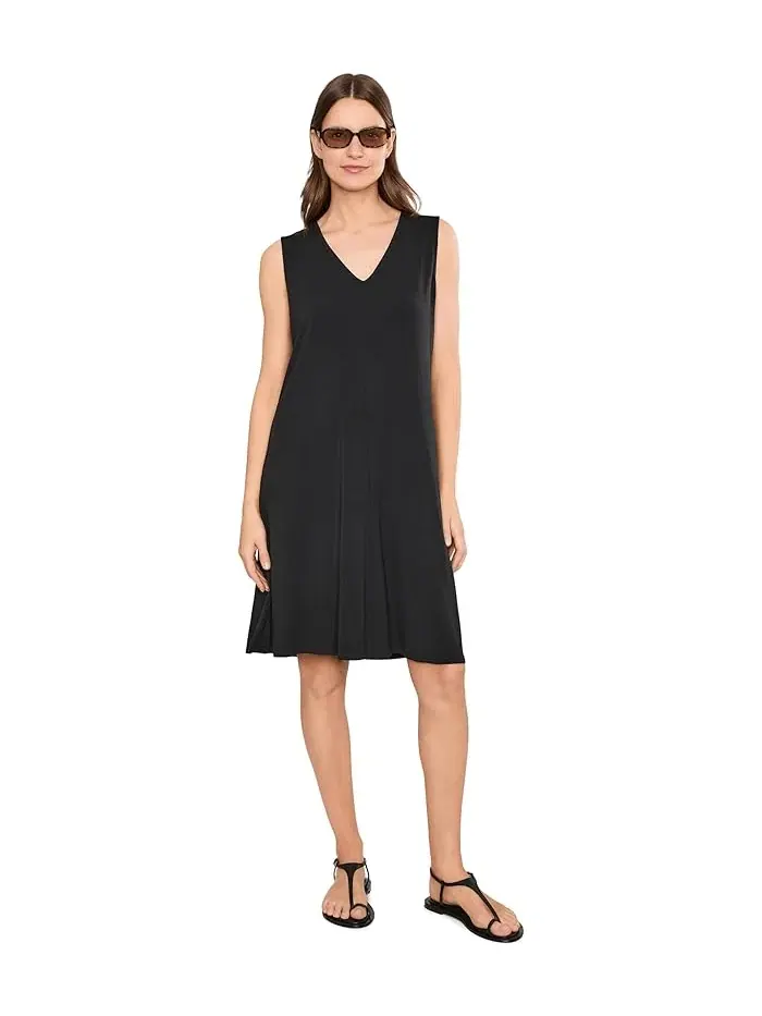 Платье с V-образным вырезом Fine Stretch Jersey Knit Eileen Fisher — изображение 2 из 5, черный
