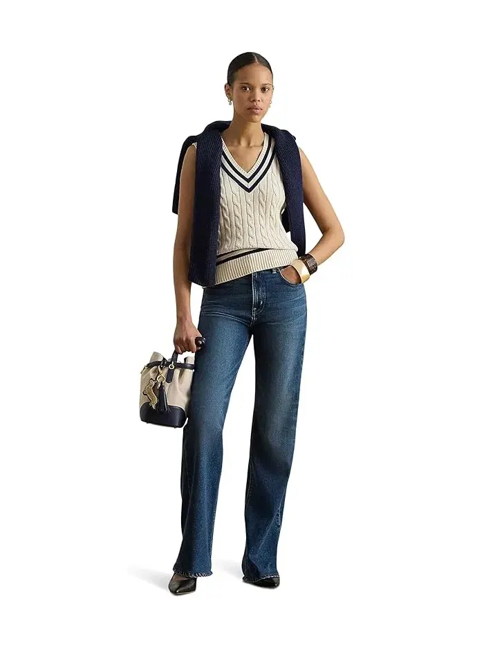 Жилет трикотажный Cable-Knit Cotton Cricket Sweater Vest Lauren Ralph Lauren — изображение 2 из 4, кремовый/темно-синий
