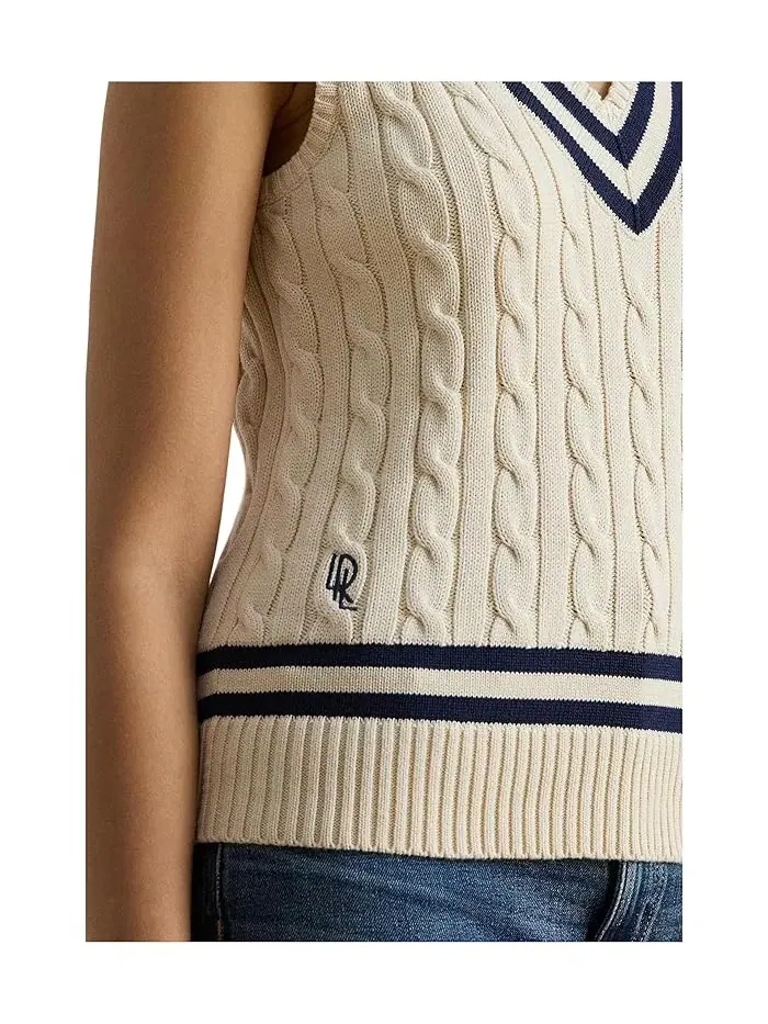 Жилет трикотажный Cable-Knit Cotton Cricket Sweater Vest Lauren Ralph Lauren — изображение 4 из 4, кремовый/темно-синий