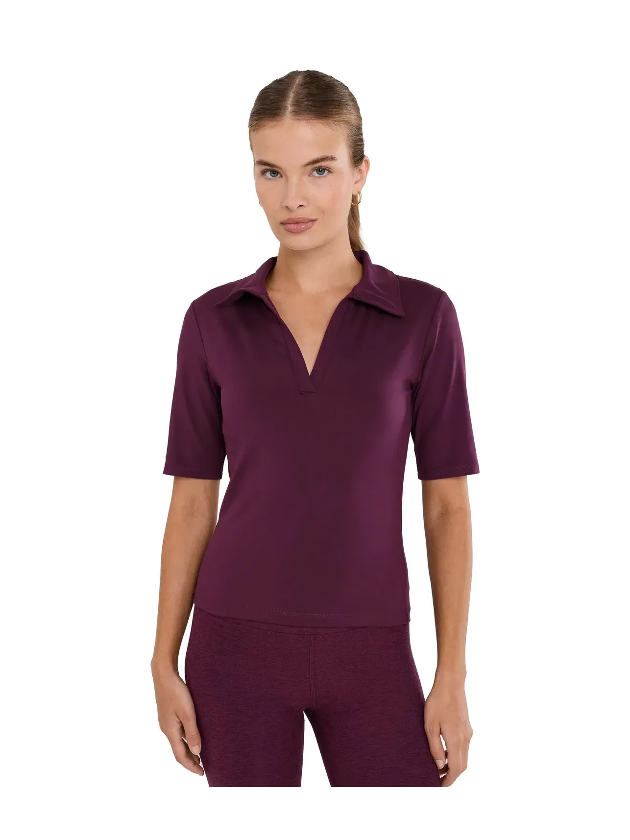Поло спортивное с V-образным вырезом Sport Active V-Neck Polo Beyond Yoga — изображение 1 из 5, кабернет