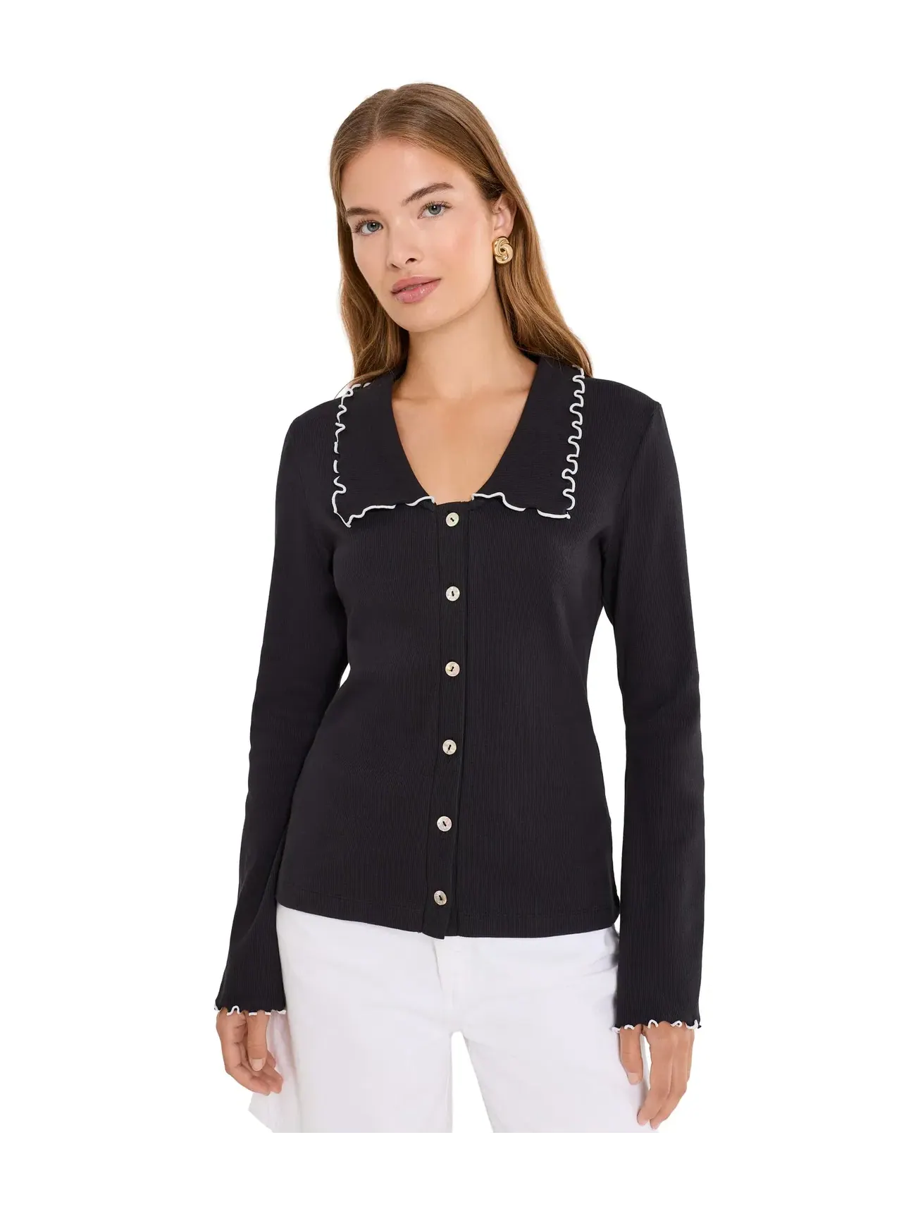 Лонгслив с V-образным вырезом на пуговицах и отделкой Lettuce Trim V-Neck Long Sleeve Button Down Cece — изображение 1 из 5