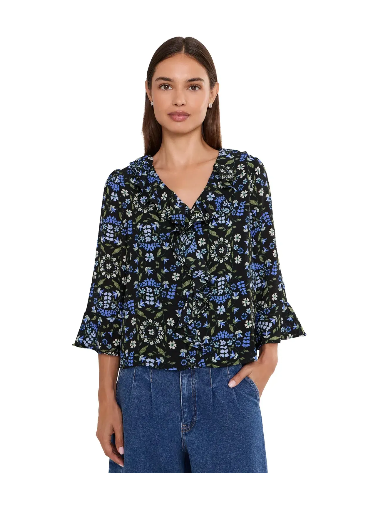 Лонгслив с V-образным вырезом и рюшами Ruffled Long Sleeve V-Neck Top Cece — изображение 1 из 5, насыщенный черный