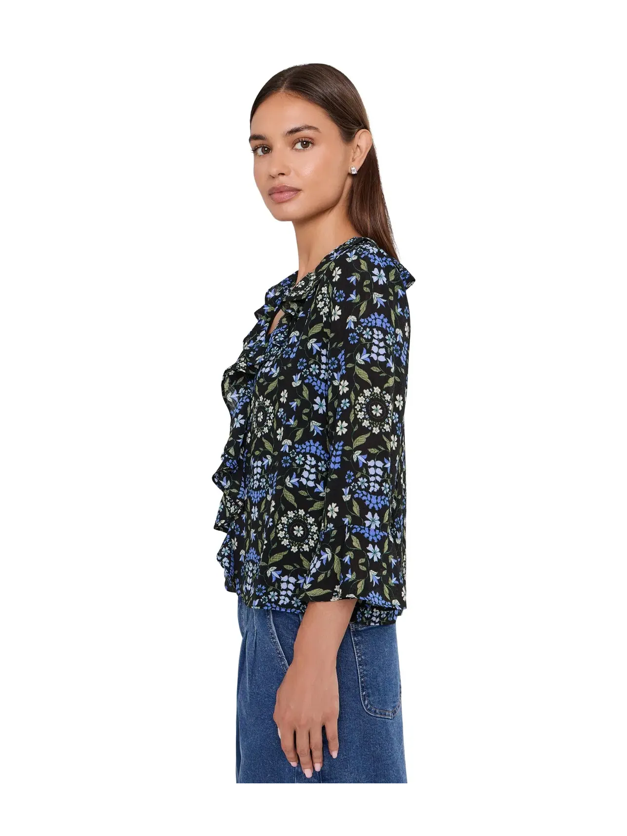 Лонгслив с V-образным вырезом и рюшами Ruffled Long Sleeve V-Neck Top Cece — изображение 3 из 5, насыщенный черный