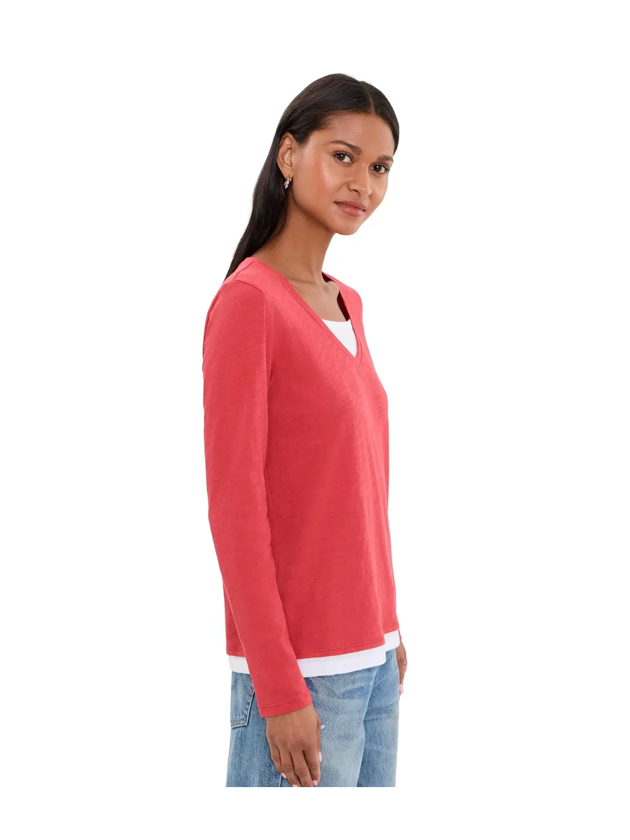 Футболка с эффектом окрашивания ткани, V-образный вырез, длинный рукав, двухслойная отделка. Elliott Lauren, красный