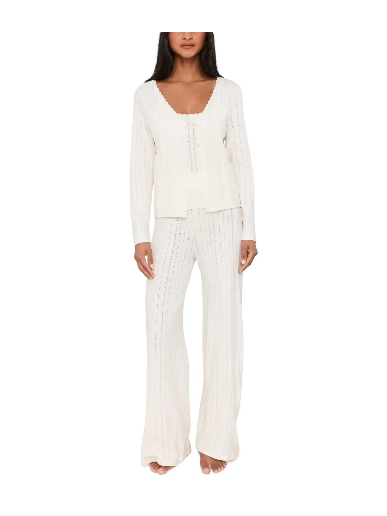 Брюки прямые из трикотажа в рубчик Pointelle Sweater Straight Leg Pants Eberjey — изображение 2 из 5, слоновая кость