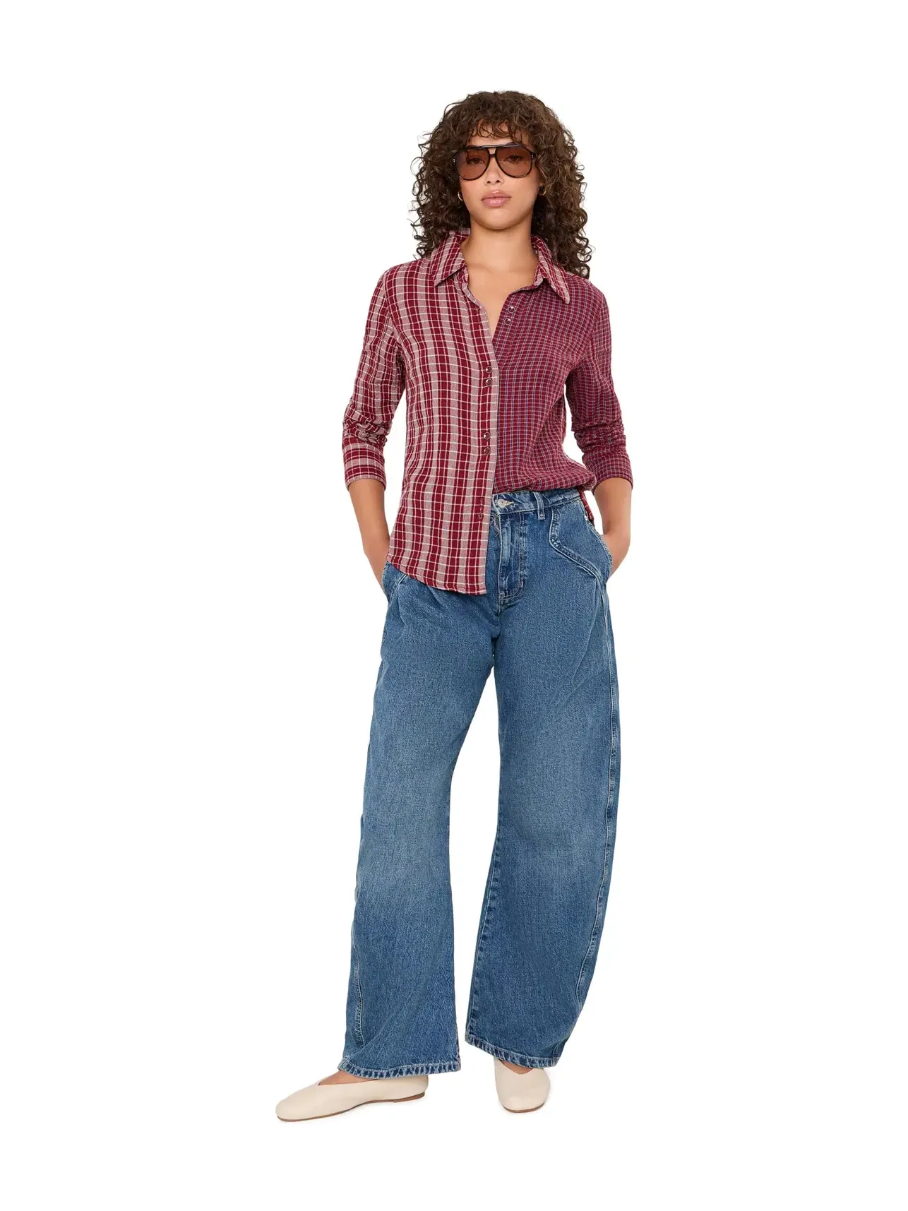 Рубашка в клетку Benny Slim Yarn-Dyed Plaid Free People — изображение 2 из 5, красный