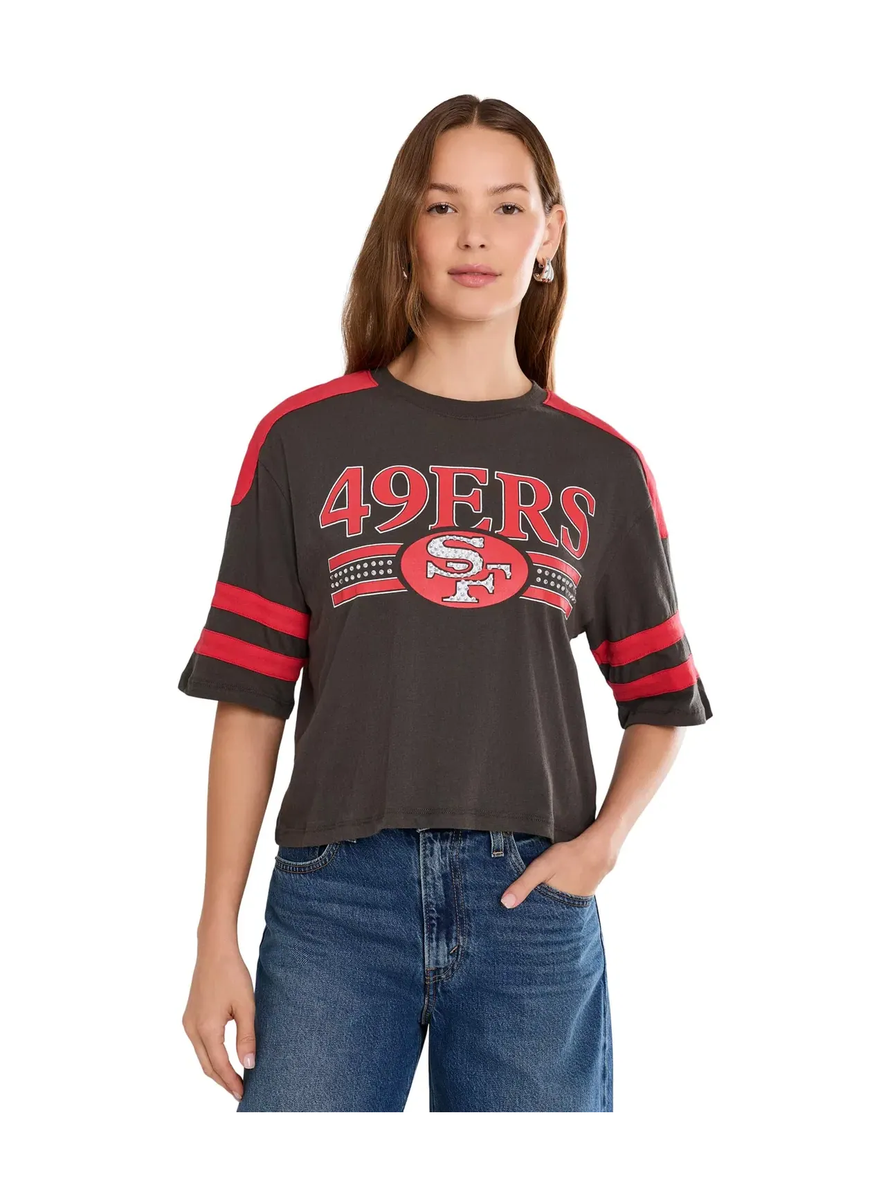 Укороченная футболка с блестками в полоску NFL San Francisco 49ers Junk Food Clothing — черный