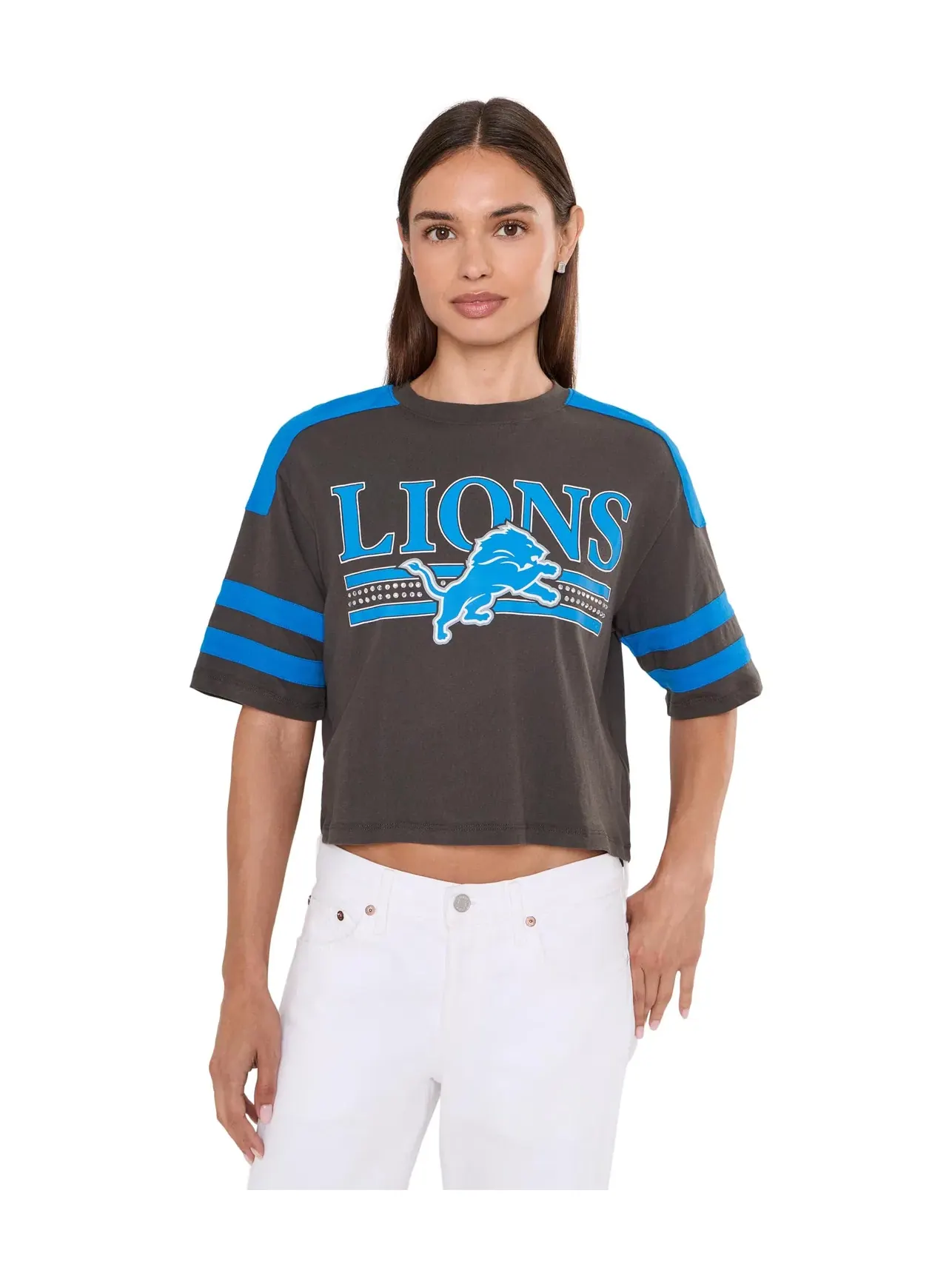 Укороченная футболка с блестками в полоску NFL Detroit Lions Junk Food Clothing — черный