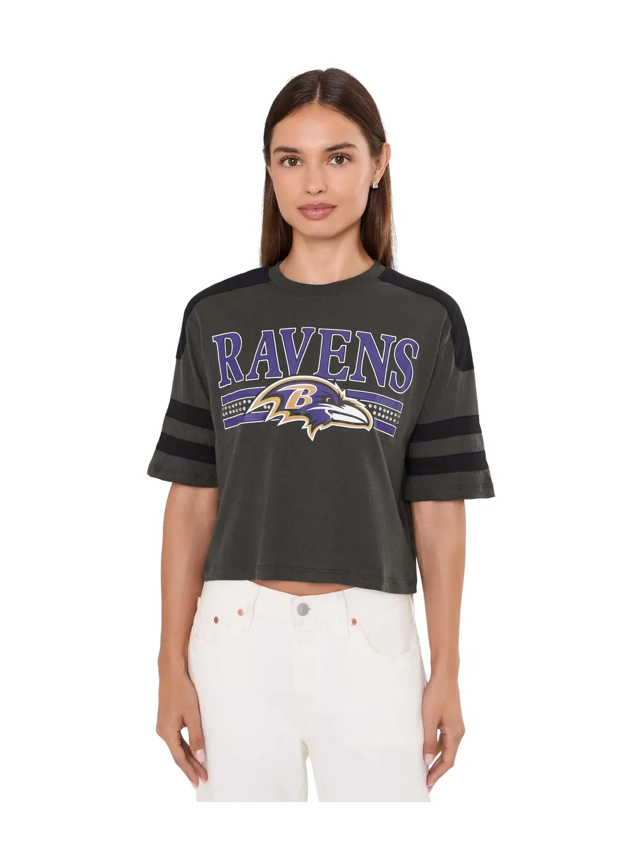Укороченная футболка с блестками в полоску NFL Baltimore Ravens Junk Food Clothing — черный
