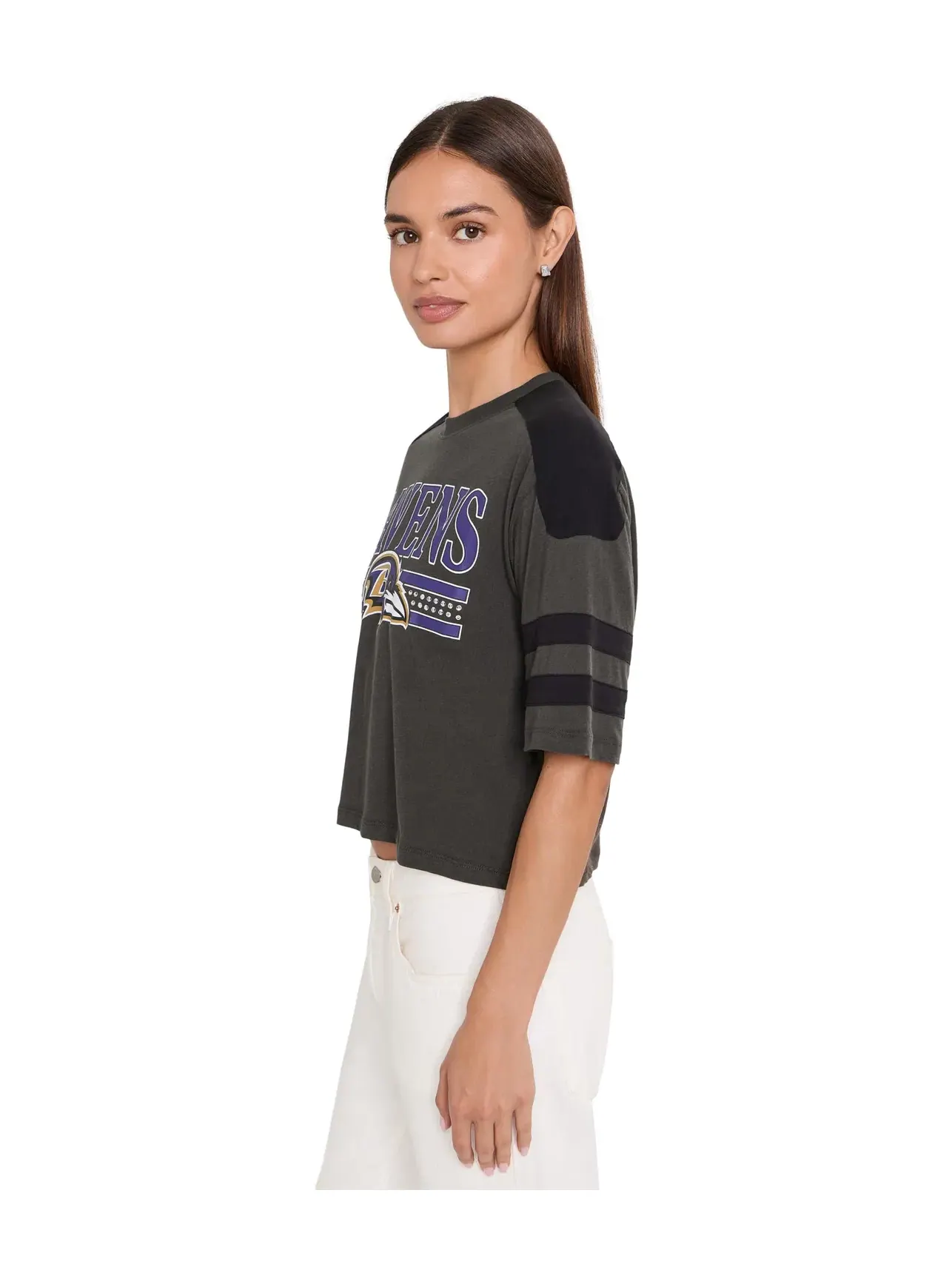 Укороченная футболка с блестками в полоску NFL Baltimore Ravens Junk Food Clothing — изображение 3 из 5, черный