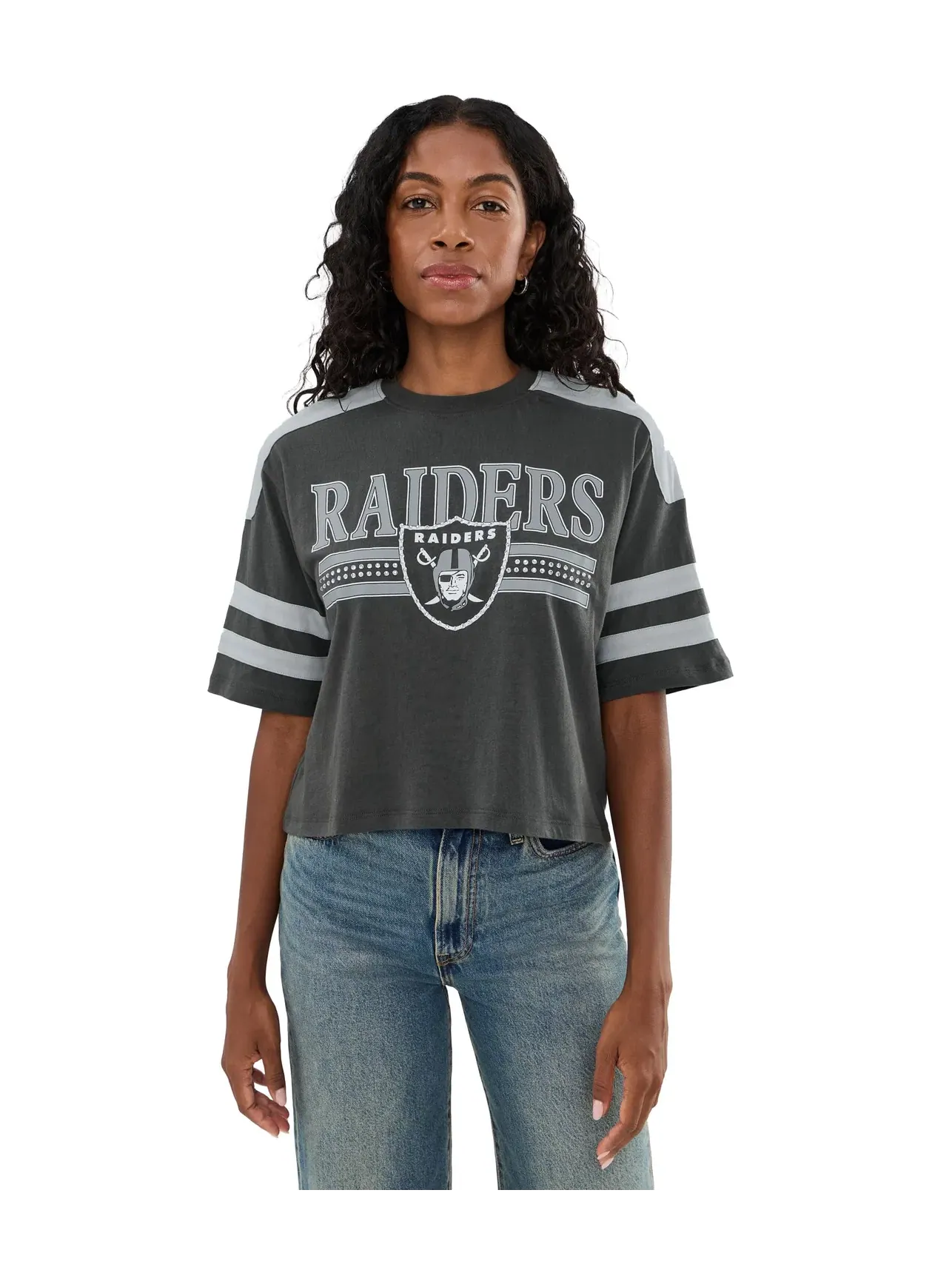 Укороченная футболка с блестками в полоску NFL Las Vegas Raiders Junk Food Clothing — изображение 1 из 5, черный