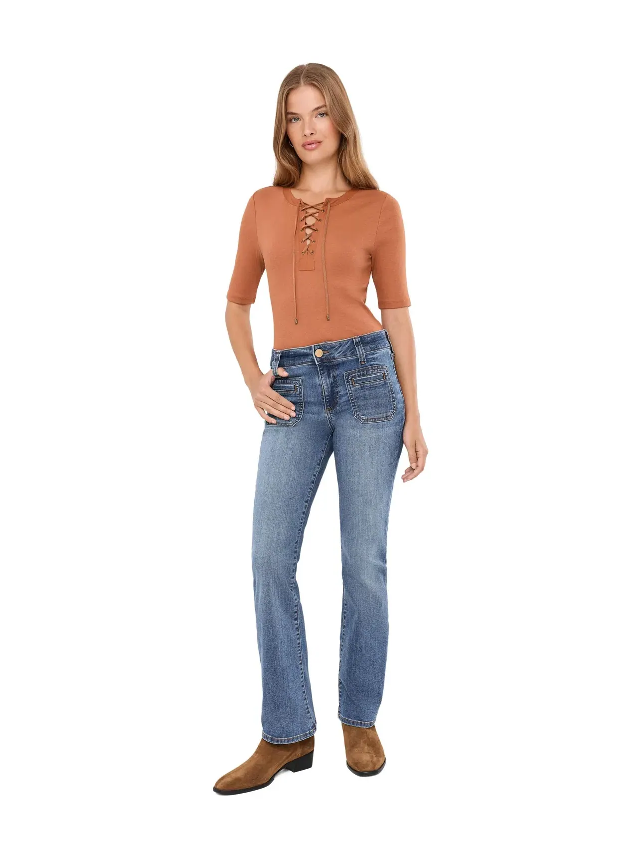 Джинсы-клеш Petite Natalie Bootcut in Interactive Kut From The Kloth — изображение 2 из 5, интерактивный