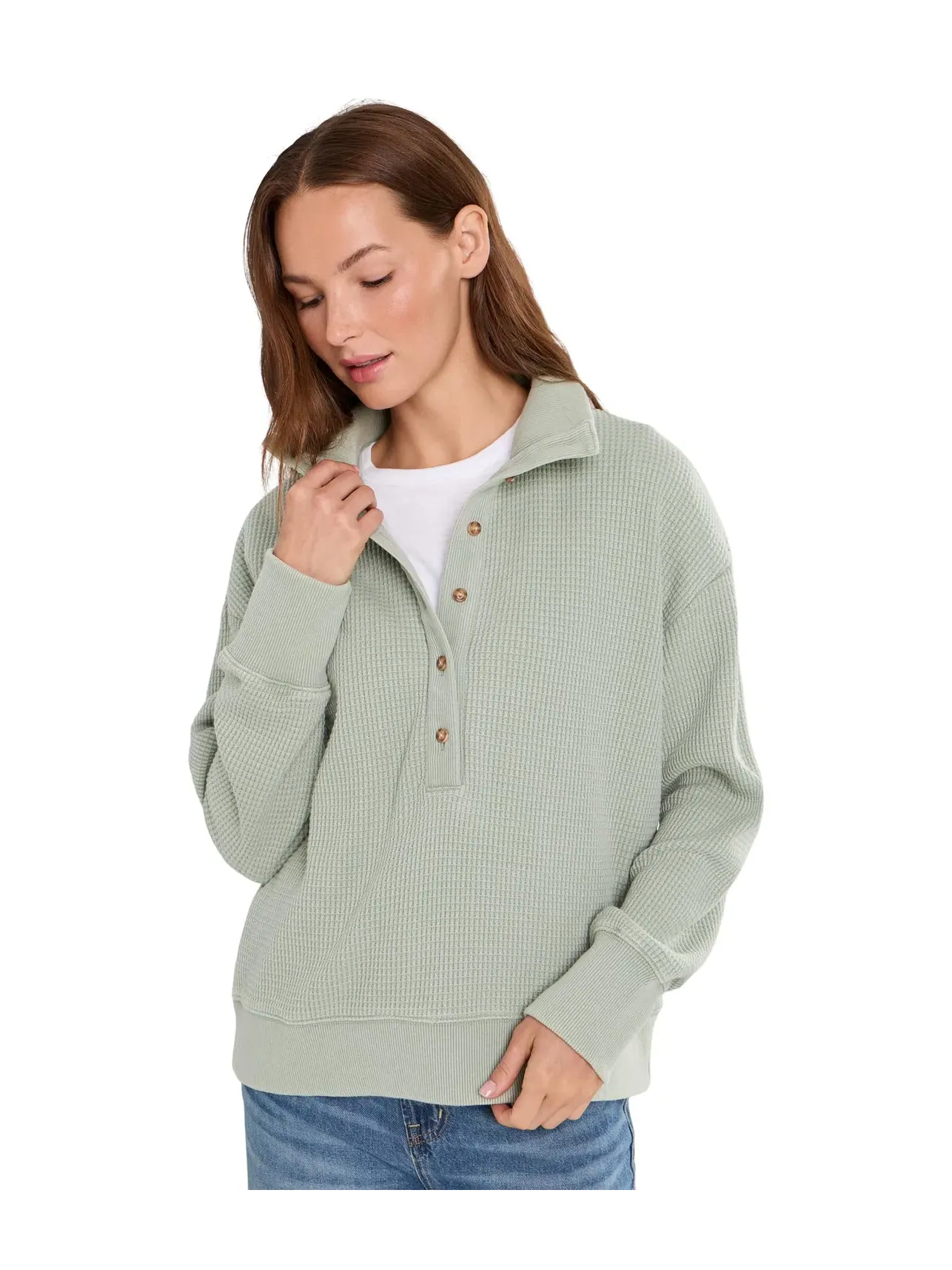 Выцветшая вафельная рубашка-поло с высоким воротником L.L.Bean — изображение 1 из 5, бледно-салатовый