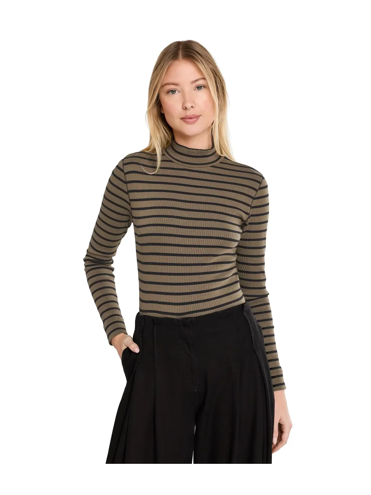 Лонгслив в рубчик с высоким воротом Ribbed Long Sleeve Mock Lilla P — изображение 1 из 5, оливковый
