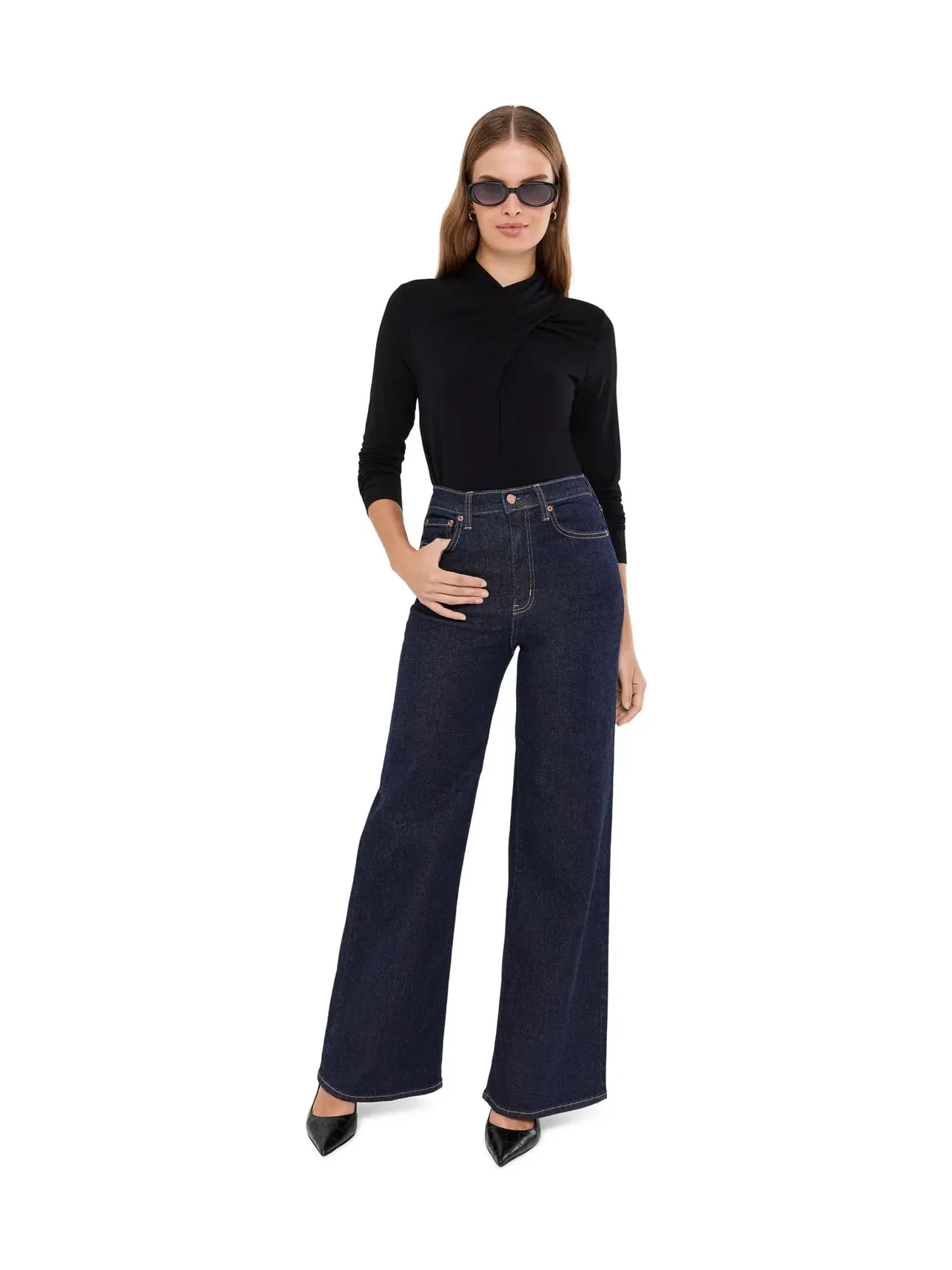 Трикотажный топ с запашным вырезом и длинным рукавом Long Sleeve Wrap Neck Knit Top Liverpool Los Angeles, черный