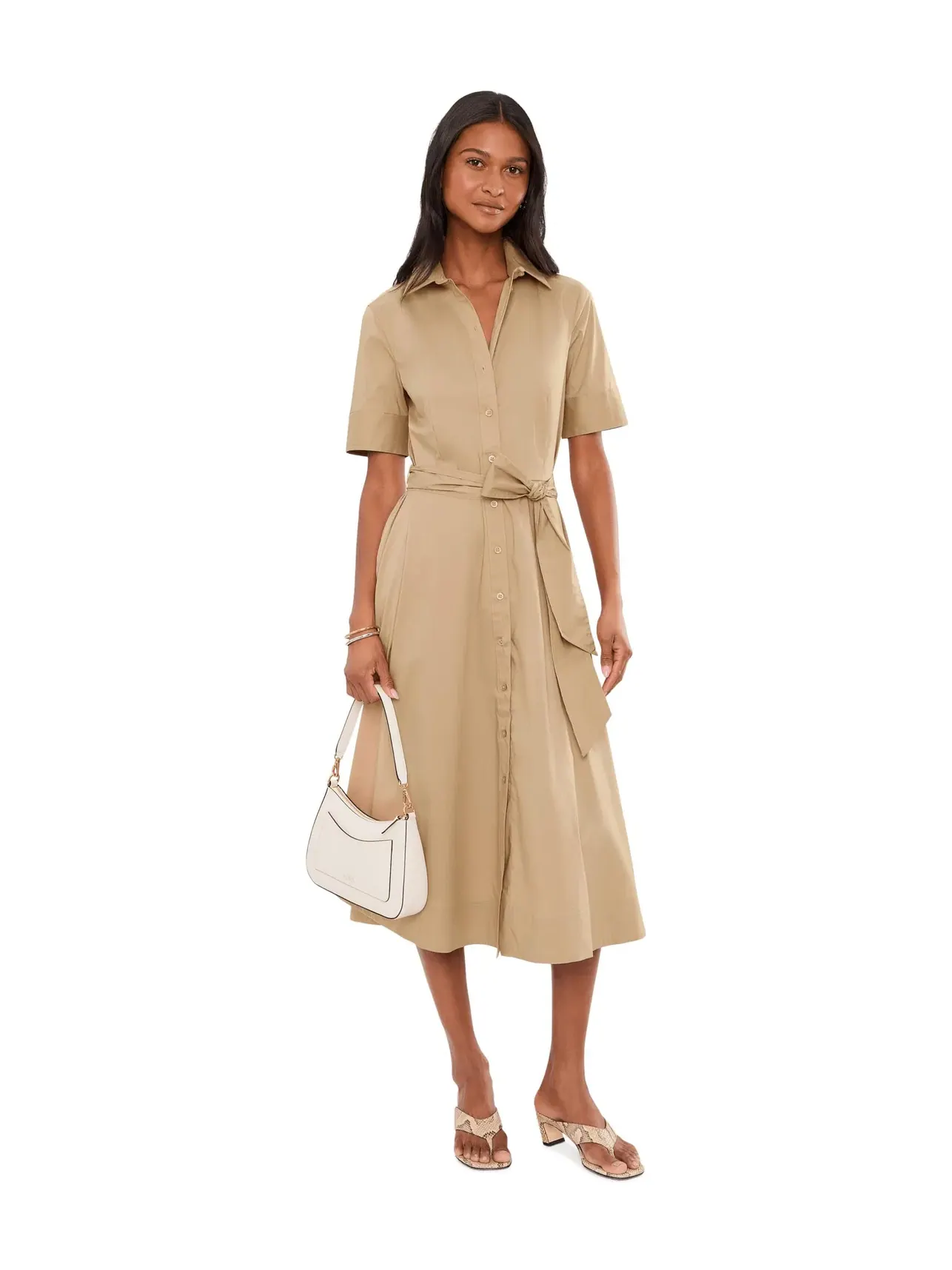 Платье-рубашка из эластичной хлопковой смеси с поясом Lauren Ralph Lauren — изображение 2 из 5, бежевый