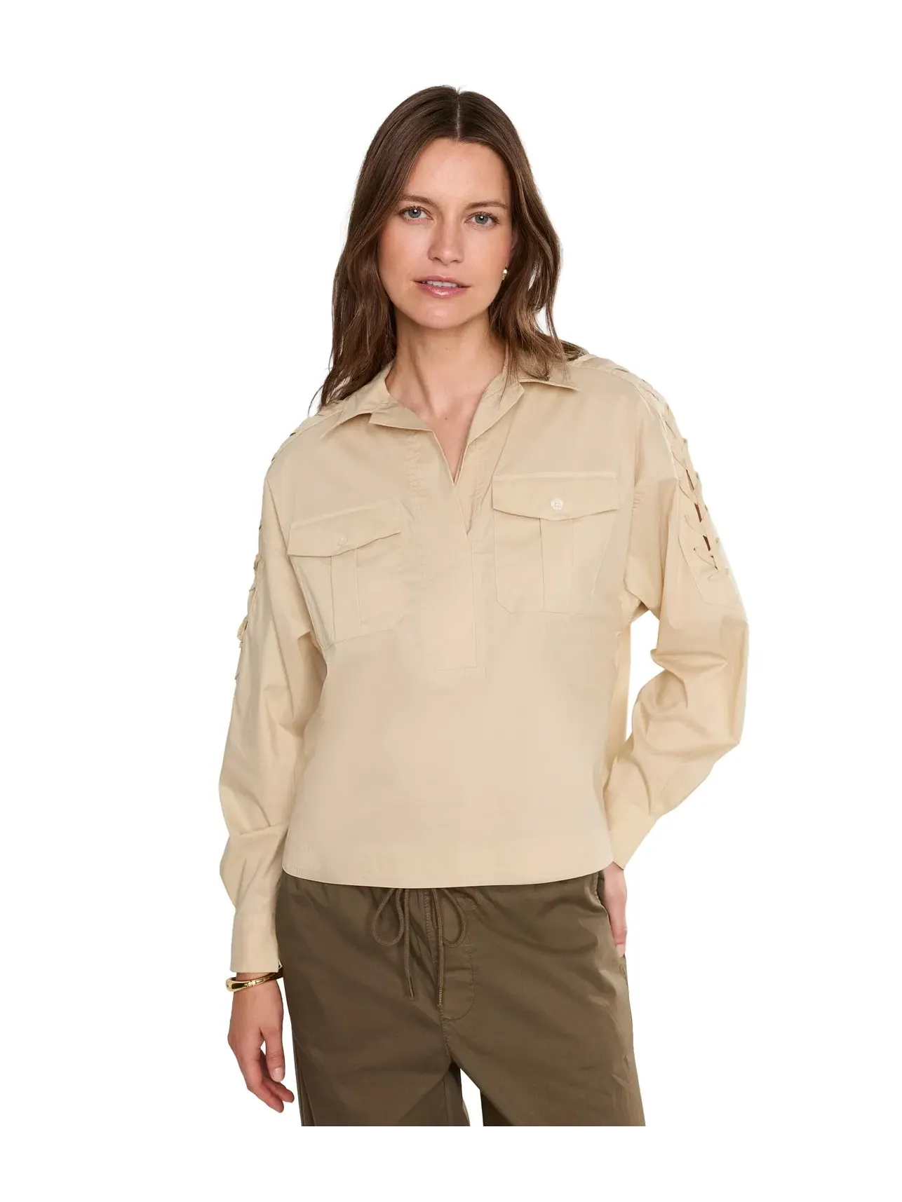 Укороченная рубашка из хлопковой смеси со шнуровкой Lauren Ralph Lauren — изображение 1 из 5, песочный