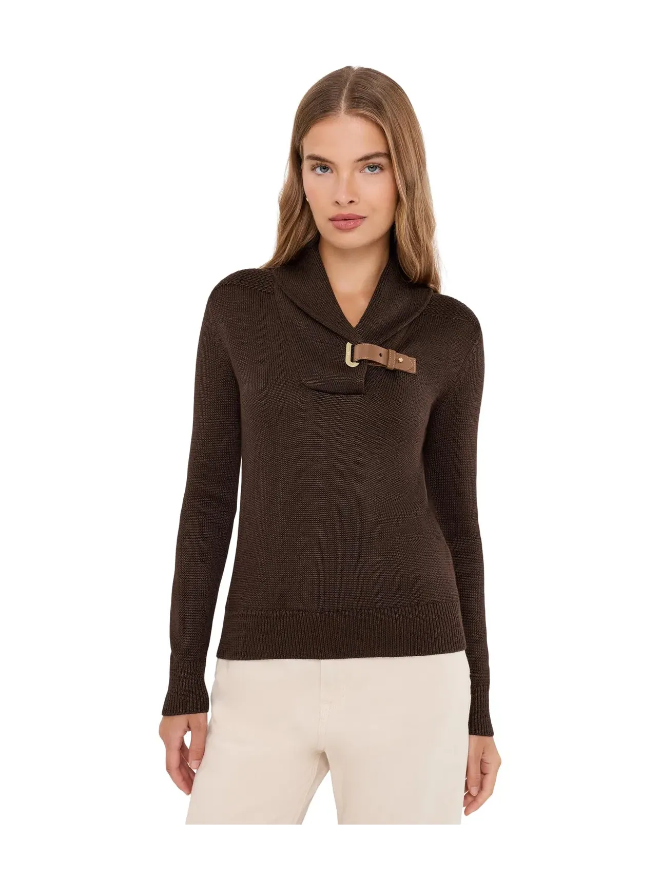 Небольшой свитер из смесовой хлопковой ткани с пряжкой Lauren Ralph Lauren — изображение 1 из 5, коричневый
