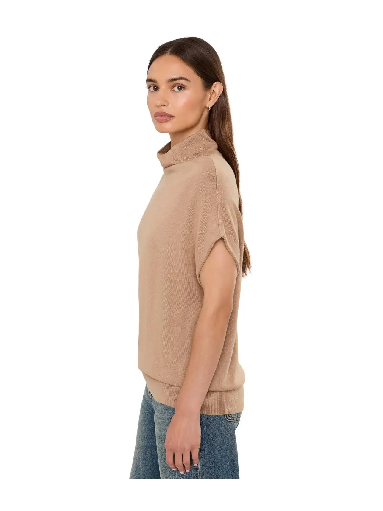 Хлопково-модальный свитер с высоким воротником и короткими рукавами Lauren Ralph Lauren — изображение 3 из 5, коричневый