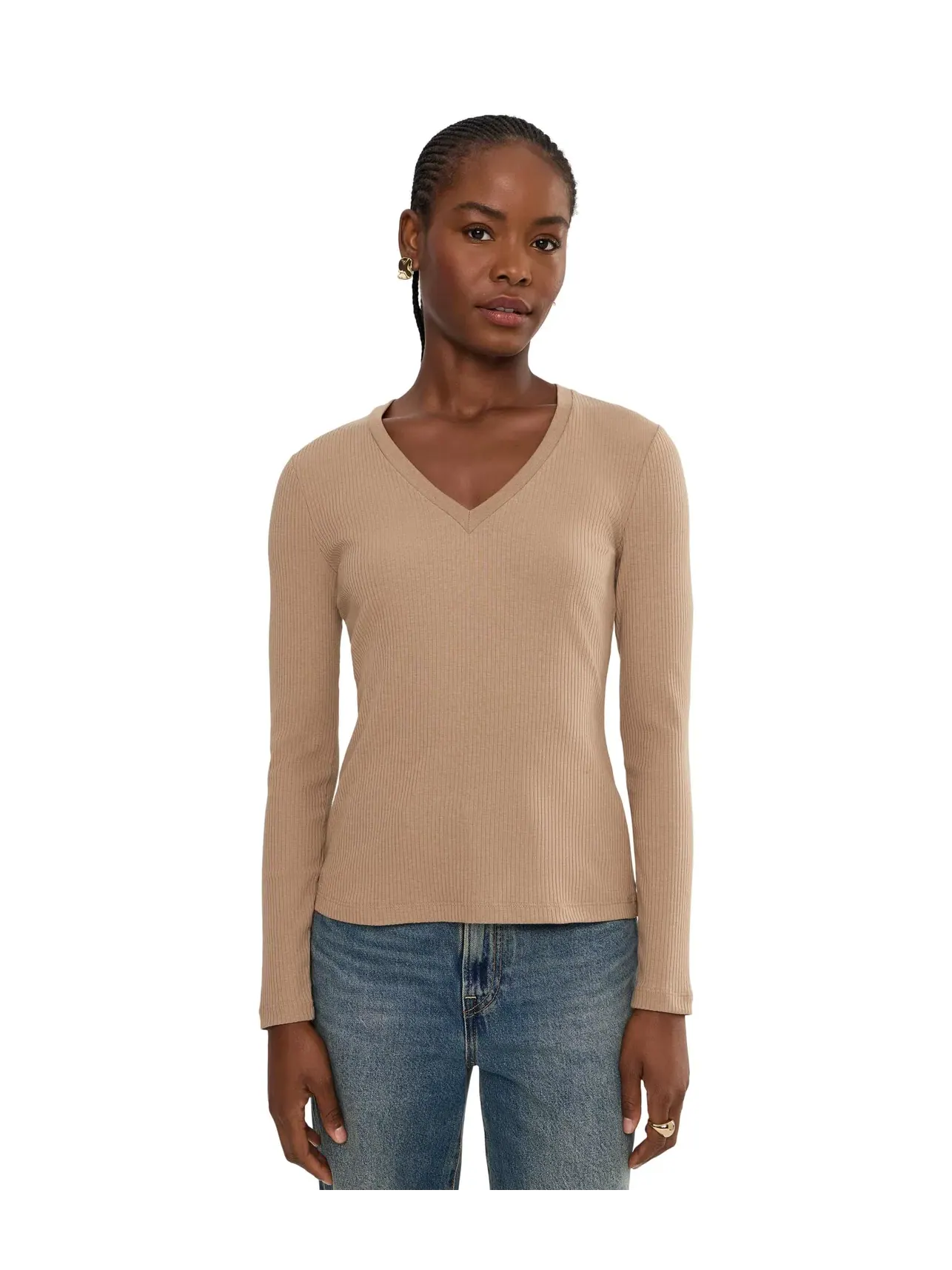 Топ с V-образным вырезом и длинным рукавом в рубчик Rib-Knit Long Sleeve V-Neck Top Lauren Ralph Lauren — изображение 1 из 5