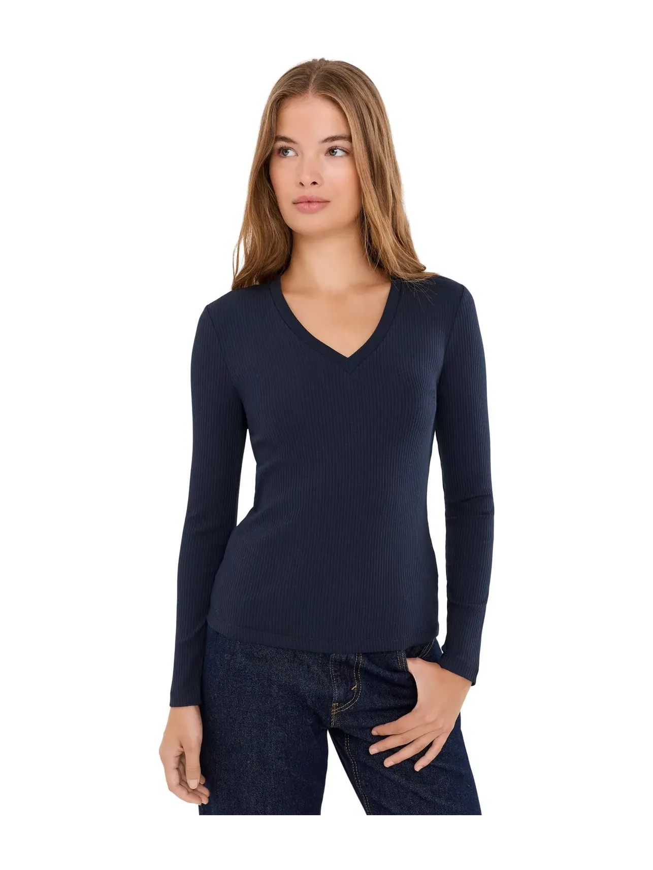 Топ с V-образным вырезом и длинным рукавом в рубчик Rib-Knit Long Sleeve V-Neck Top Lauren Ralph Lauren — изображение 1 из 5
