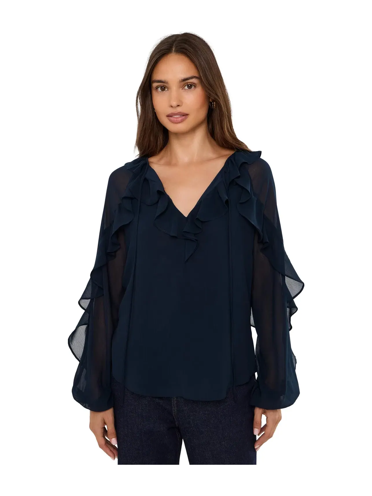 Блузка из жатого жоржета с оборками Lauren Ralph Lauren — изображение 1 из 5, темно-синий
