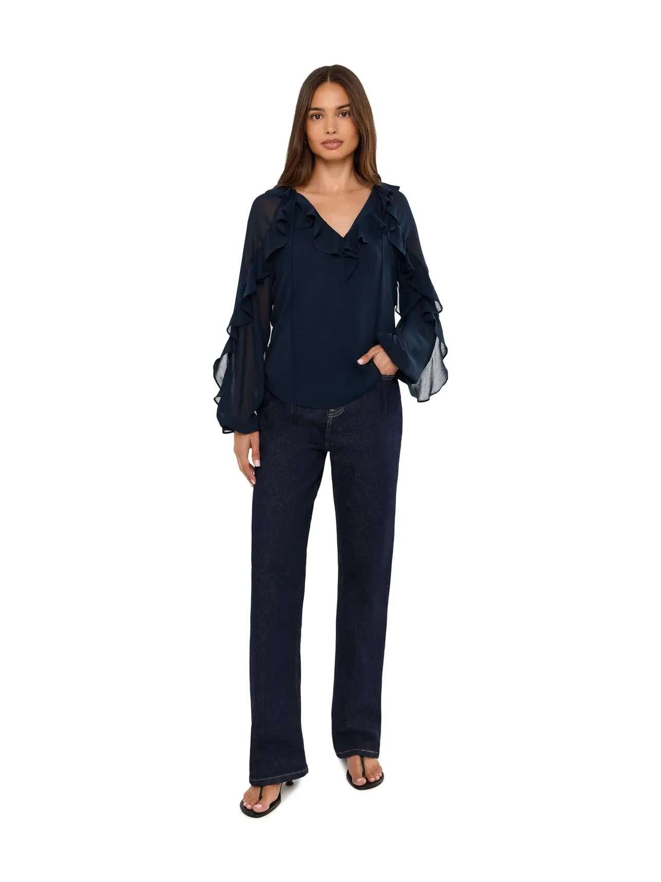 Блузка из жатого жоржета с оборками Lauren Ralph Lauren — изображение 2 из 5, темно-синий