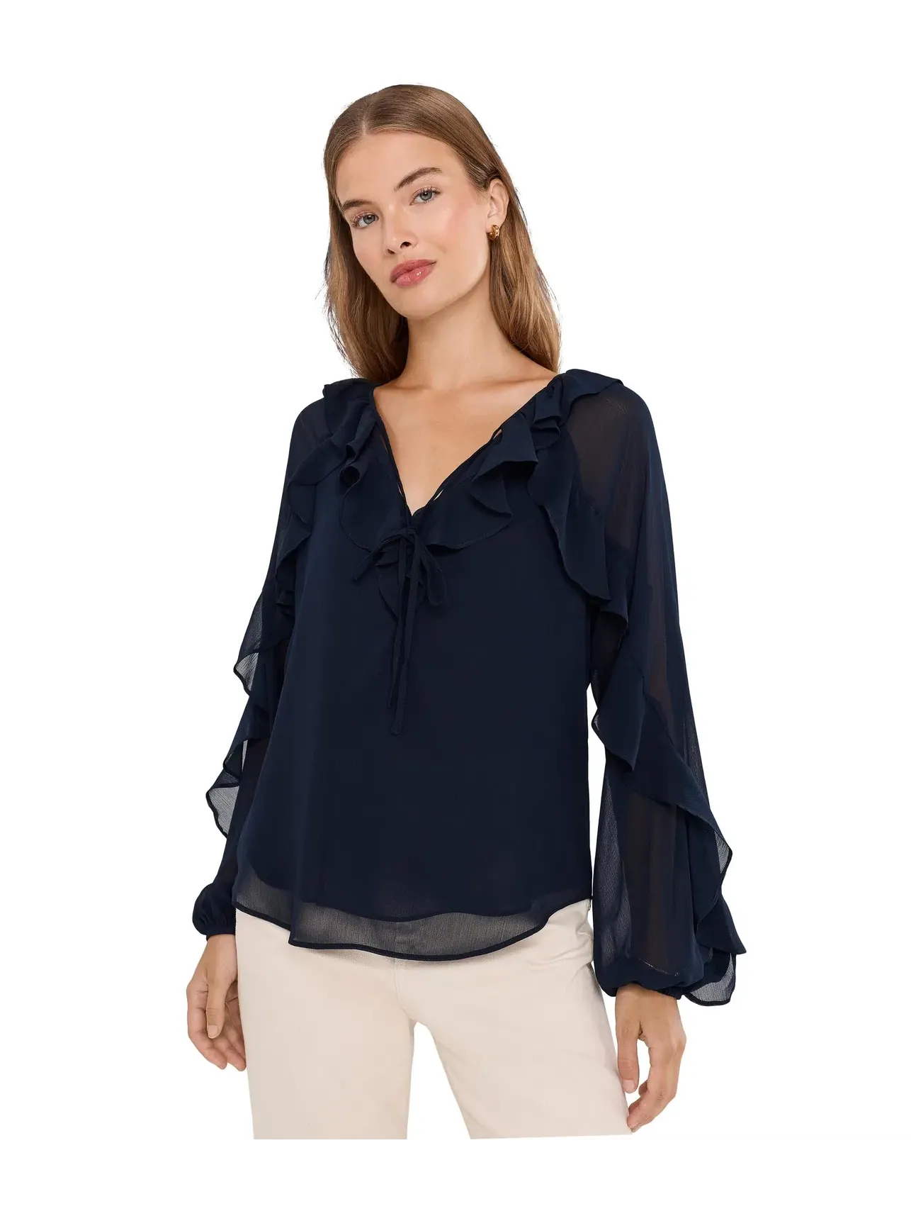 Небольшая блузка из жатого жоржета с оборками Lauren Ralph Lauren — изображение 1 из 5, темно-синий