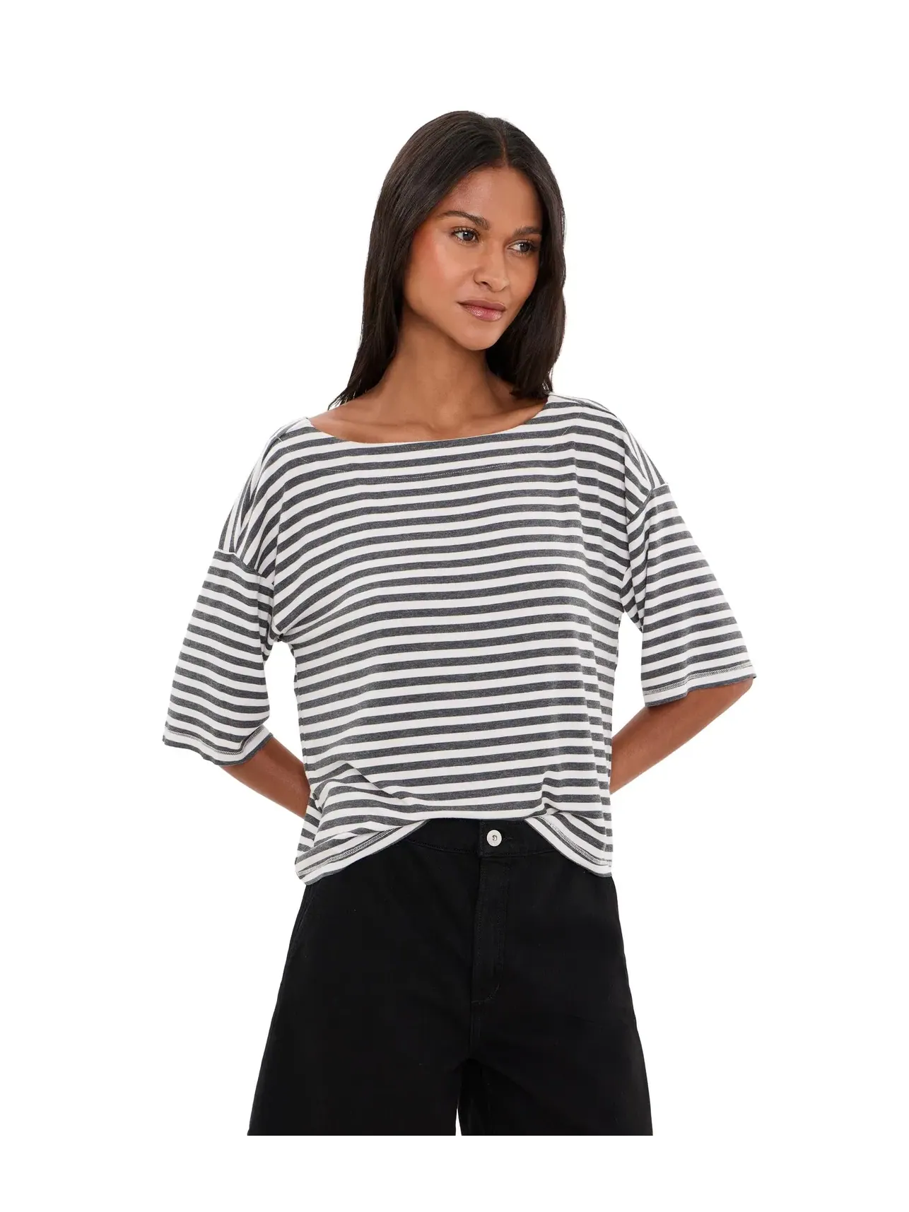 Топ-кроп в полоску с рукавом до локтя Elbow Sleeve Striped Crop Top Mod-O-Doc — изображение 1 из 5