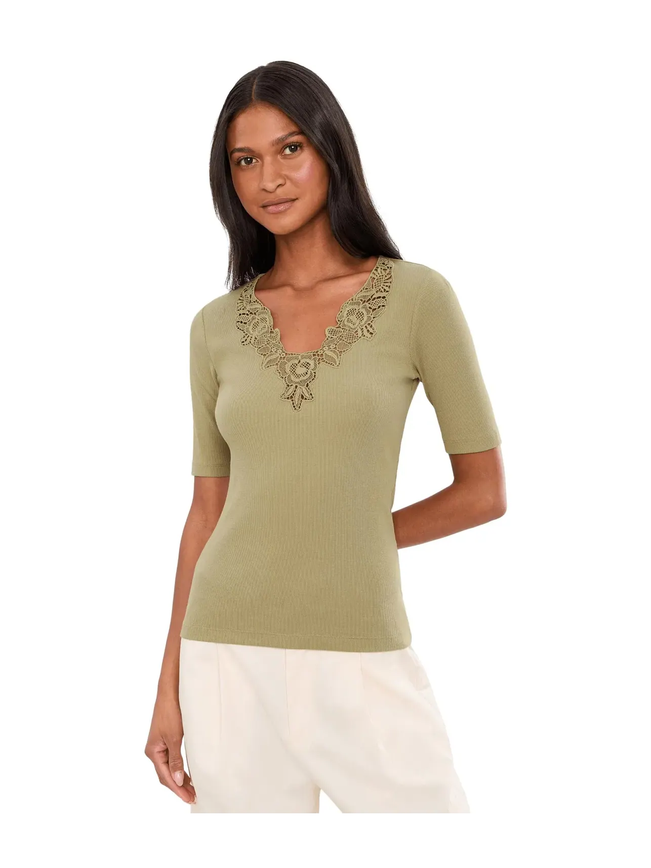 Топ из хлопковой смеси в рубчик с кружевной отделкой Lace-Trim Rib-Knit Cotton-Blend Top Lauren Ralph Lauren, агава