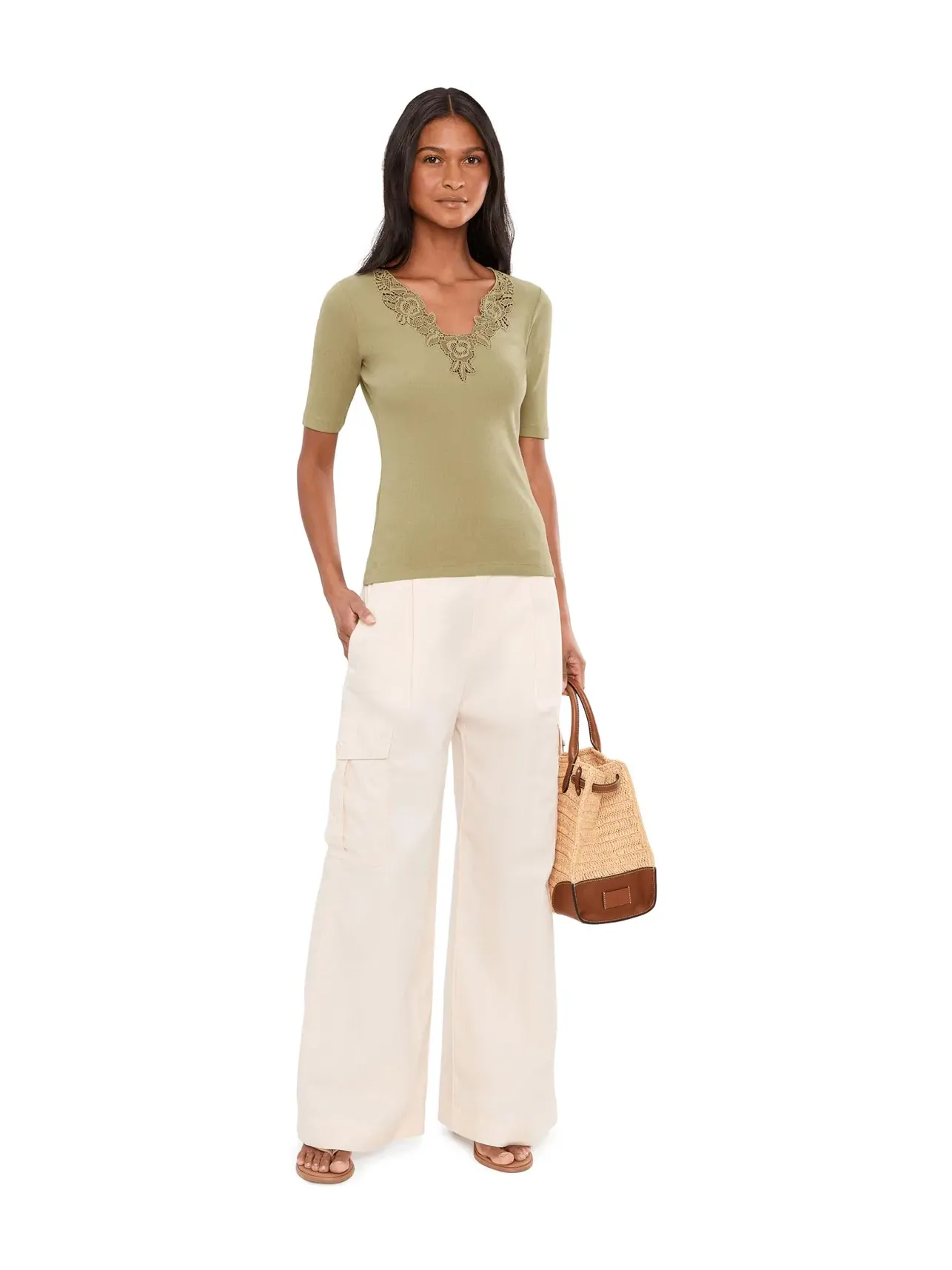 Топ из хлопковой смеси в рубчик с кружевной отделкой Lace-Trim Rib-Knit Cotton-Blend Top Lauren Ralph Lauren, агава