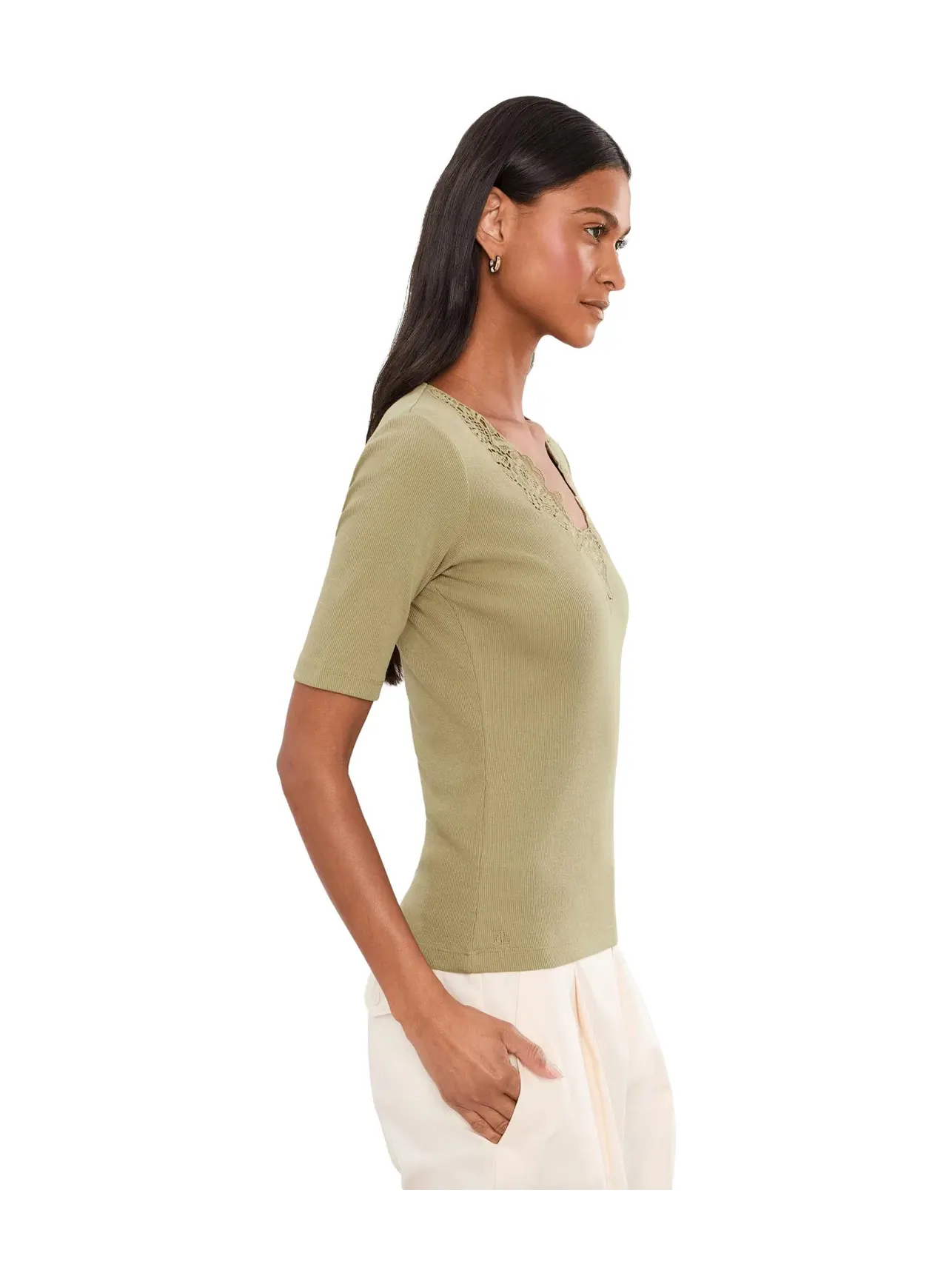 Топ из хлопковой смеси в рубчик с кружевной отделкой Lace-Trim Rib-Knit Cotton-Blend Top Lauren Ralph Lauren, агава