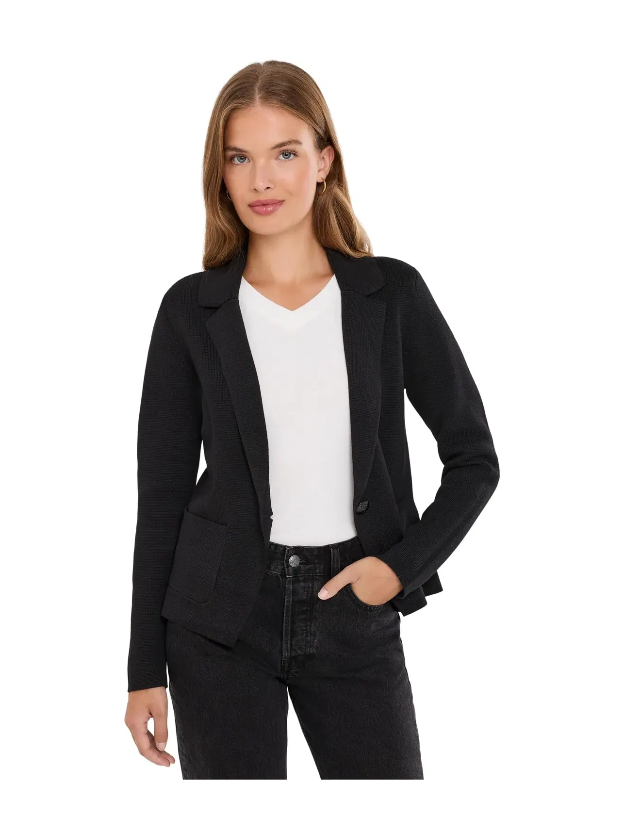 Элегантный вязаный блейзер по фигуре, размер петит Petite Elegant Knit Tailored Blazer Nic+Zoe — изображение 1 из 5, черный