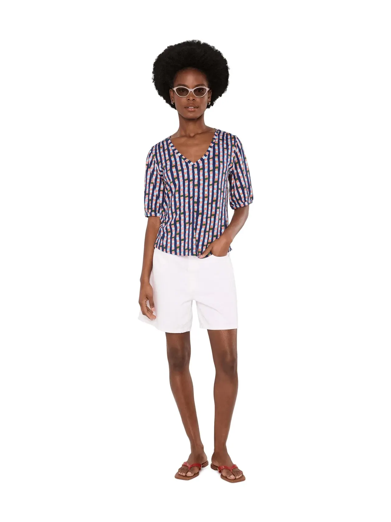 Футболка NZT с V-образным вырезом и рукавом до локтя в полоску Nic+Zoe — изображение 2 из 5, индиго мульти