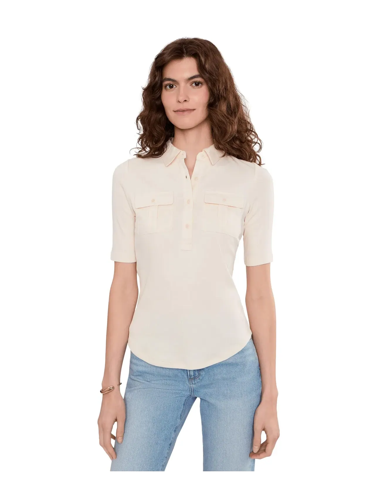 Топ с воротником и рукавом до локтя в рубчик Rib-Knit Elbow-Sleeve Collared Top Lauren Ralph Lauren — изображение 1 из 5