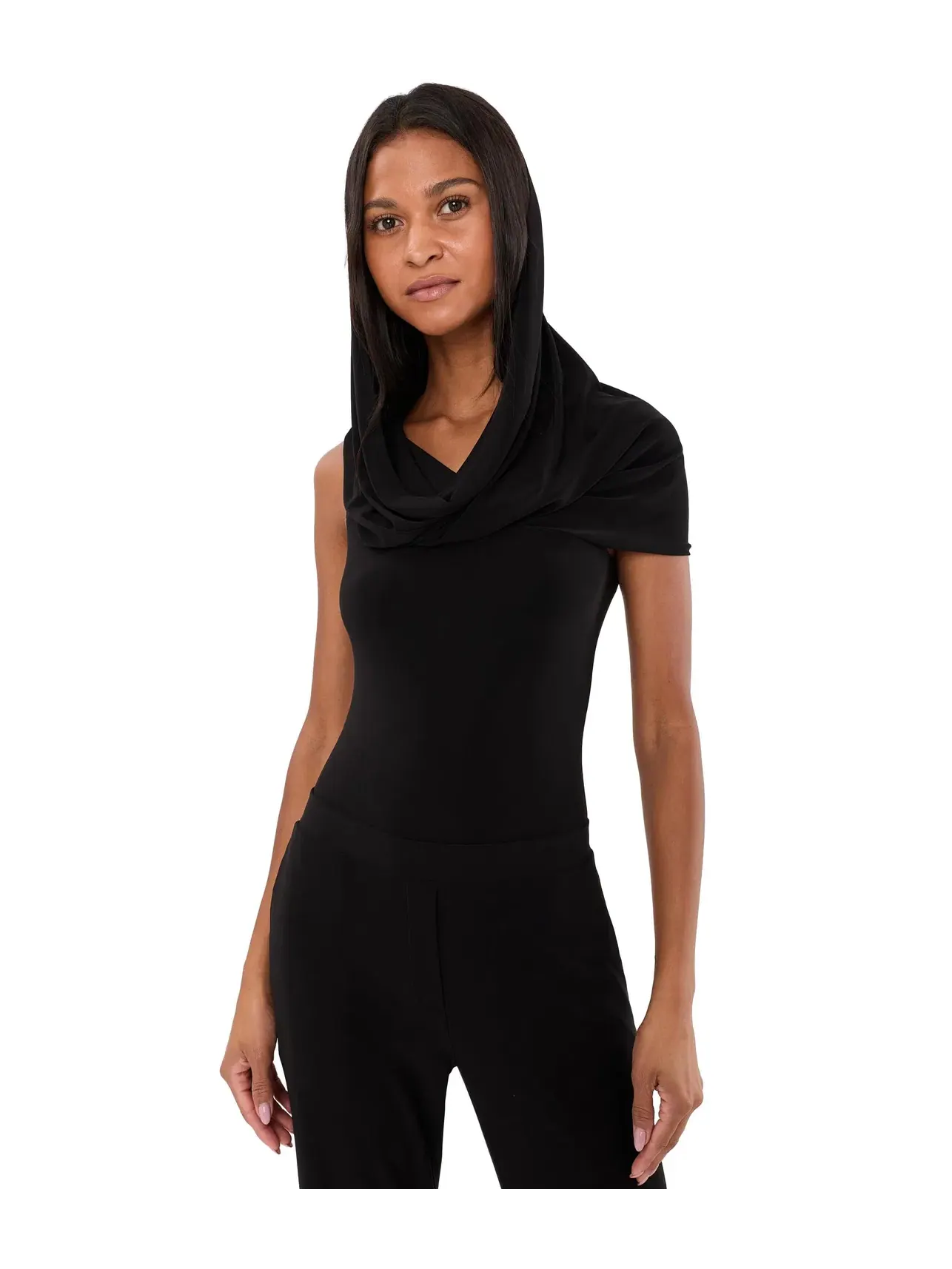 Боди без рукавов с капюшоном и драпированной горловиной Sleeveless Cowl Neck Hooded Bodysuit Norma Kamali, черный
