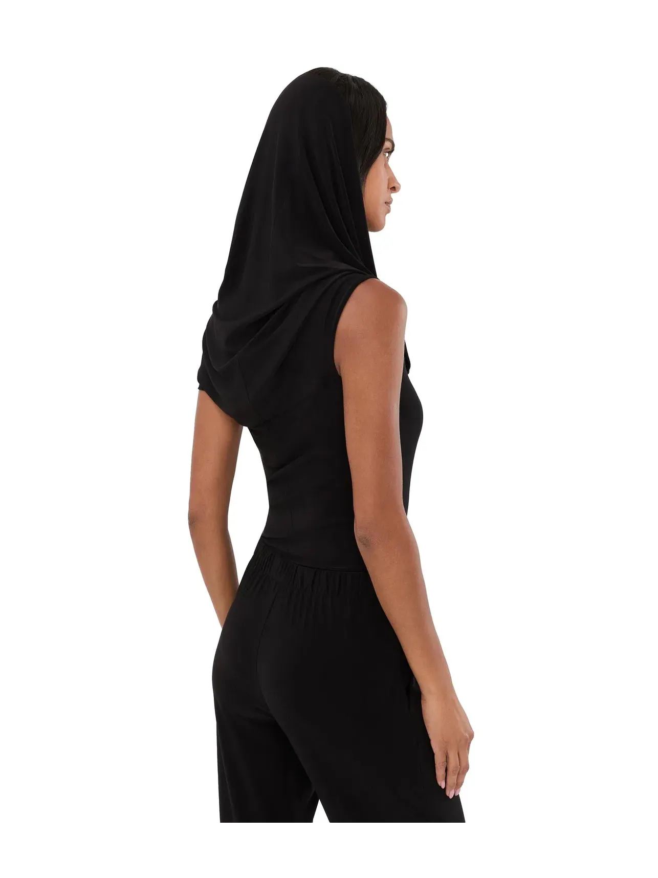Боди без рукавов с капюшоном и драпированной горловиной Sleeveless Cowl Neck Hooded Bodysuit Norma Kamali, черный