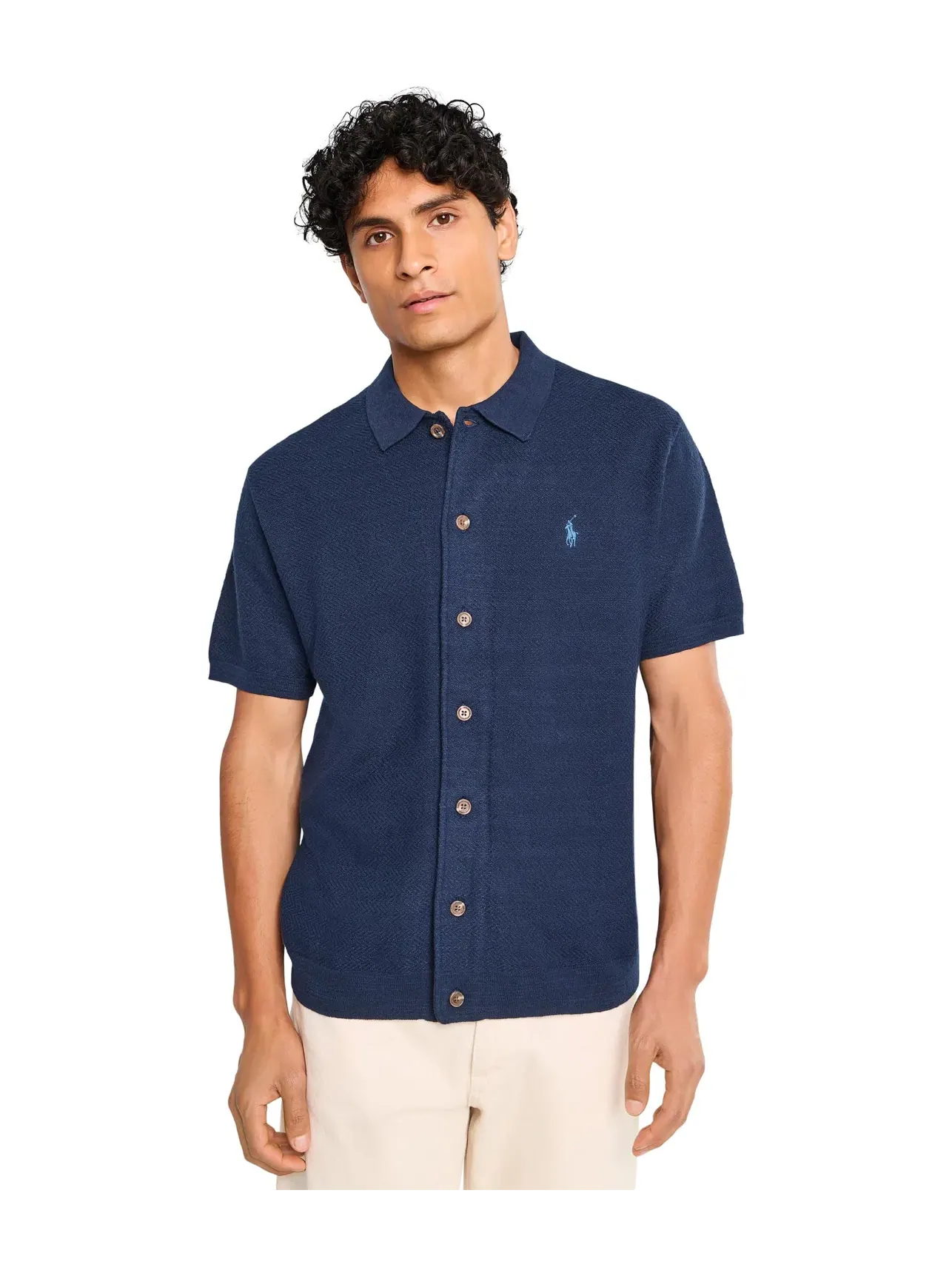 Кардиган с коротким рукавом из хлопка и льна Polo Ralph Lauren — изображение 1 из 5, яркий темно-синий