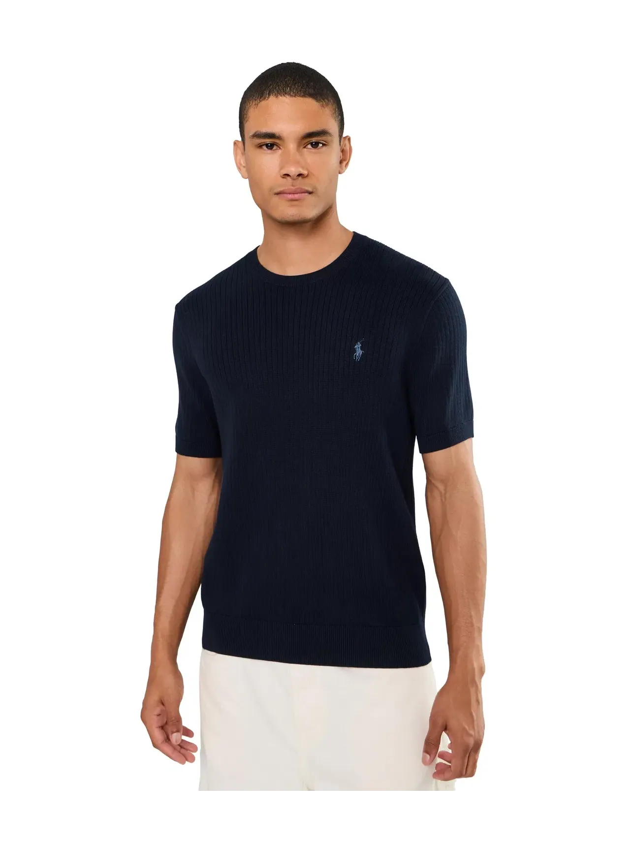 Хлопковый свитер с коротким рукавом в рубчик Polo Ralph Lauren — изображение 1 из 5, темно-синий