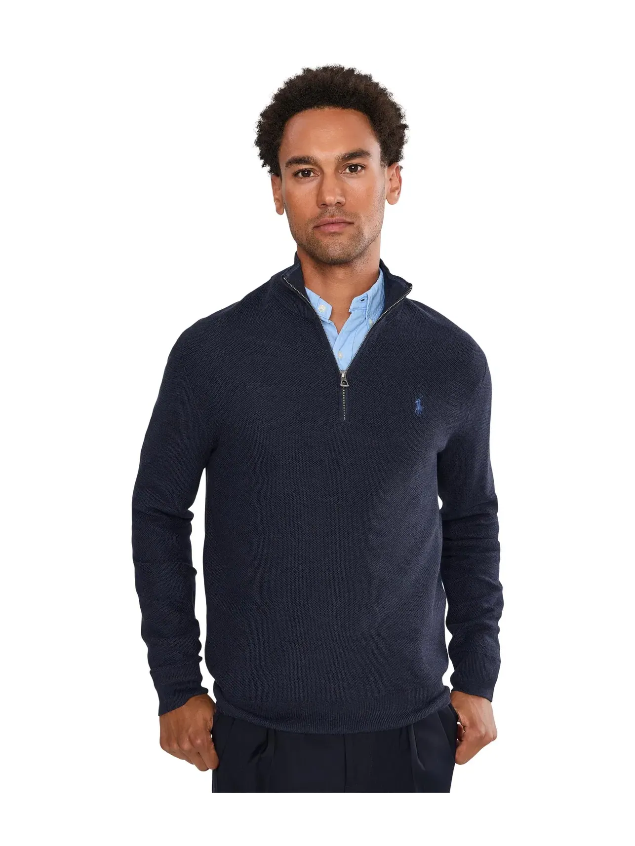 Хлопковый свитер сетчатой вязки с молнией на четверть длины Polo Ralph Lauren — изображение 1 из 5, темно-синий