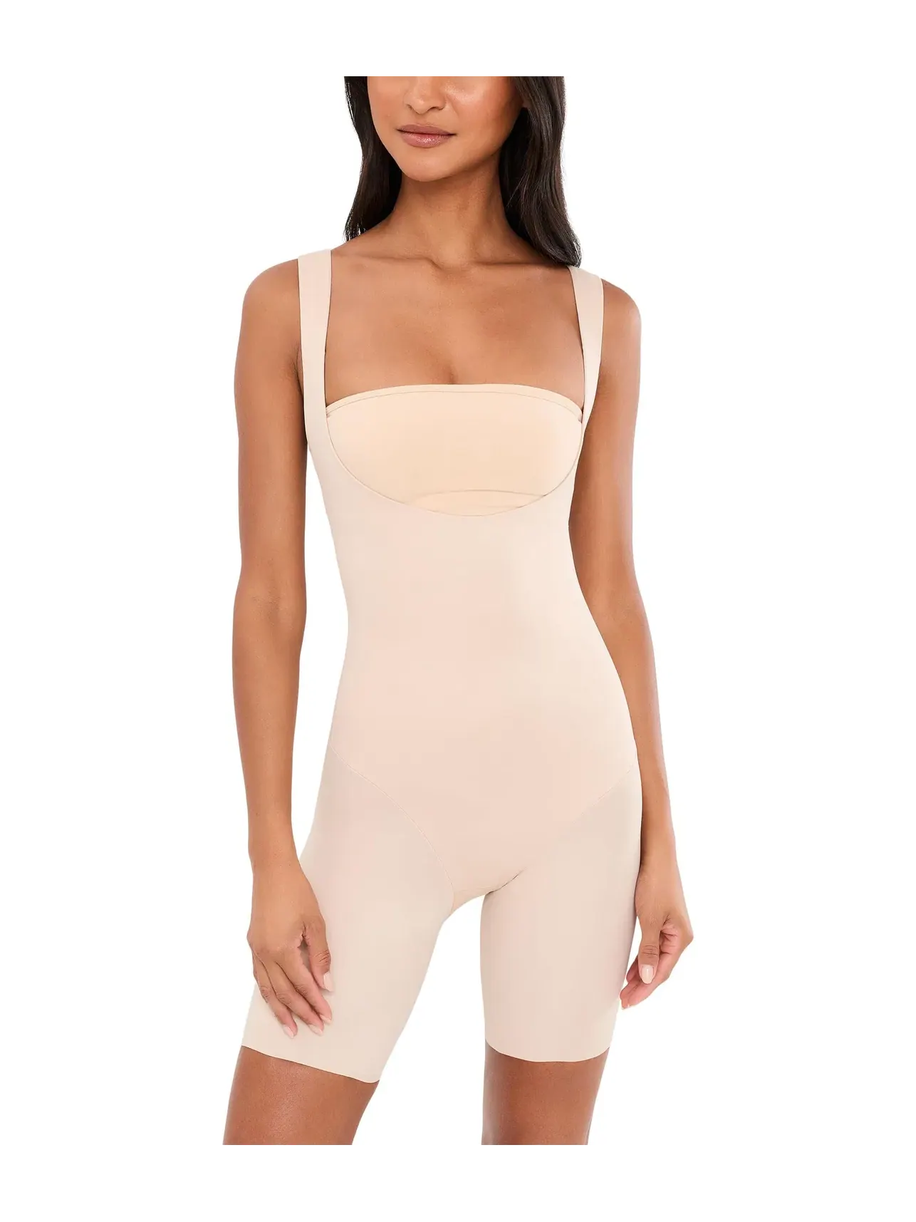 Утягивающий боди с открытой чашкой и стройнящими бедрами Shape Away Open Bust Thigh Slimmer Bodysuit Tc — бежевый