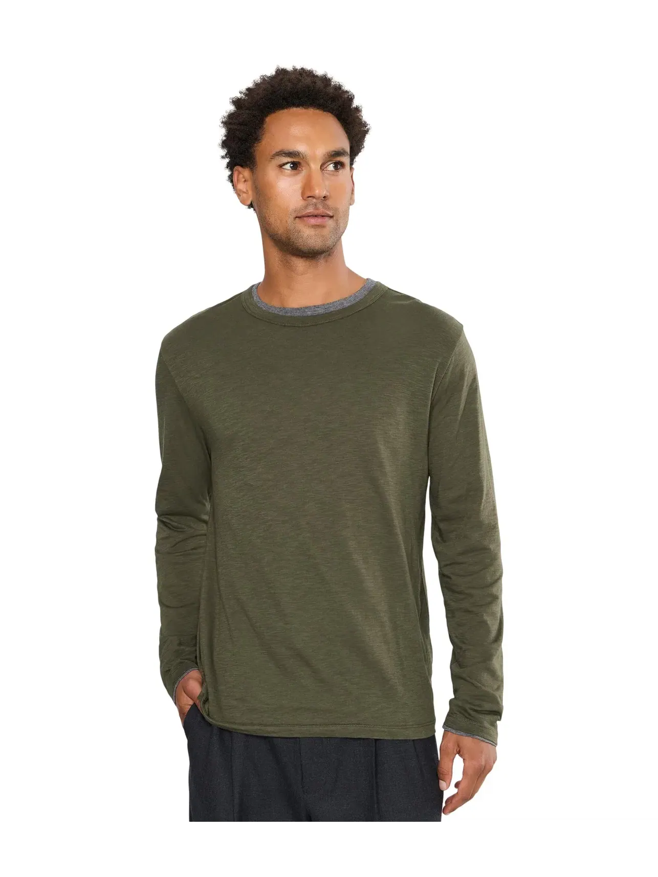 Лонгслив с круглым вырезом и двойным слоем из тонкого хлопка Fine Slub Double Layer Long Sleeve Crew Vince, серый