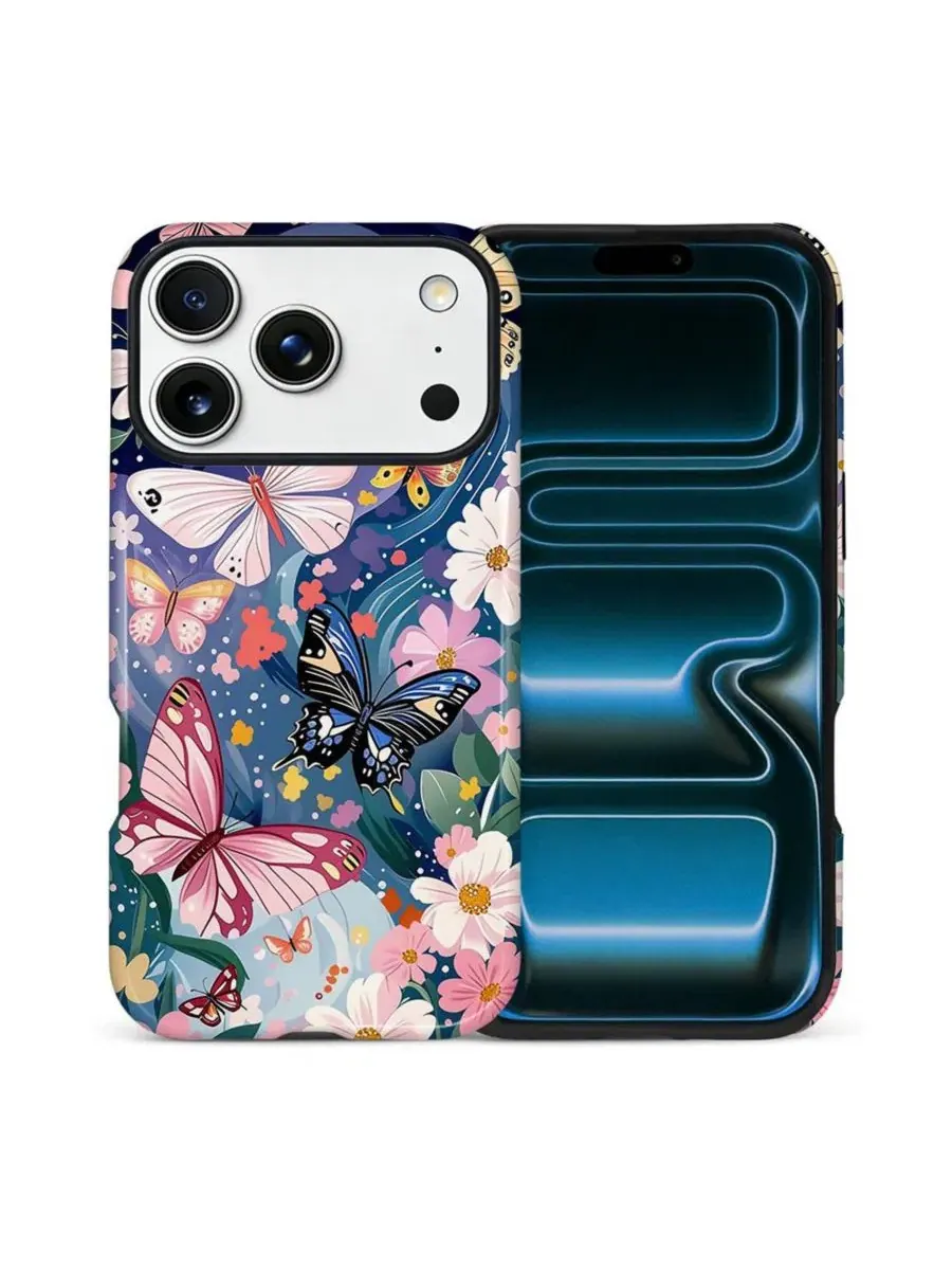 Чехол-бампер для iPhone 17 Pro, двухслойный ударопрочный, с принтом GONEZ, Butterflies Flowers