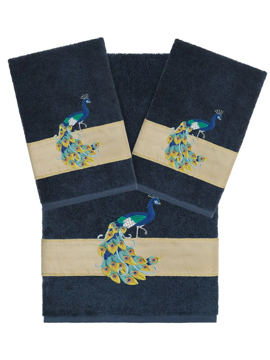 Набор из 3 банных полотенец из турецкого хлопка с вышивкой "Пенелопа" Linum Home, Navy, 3 Piece Set